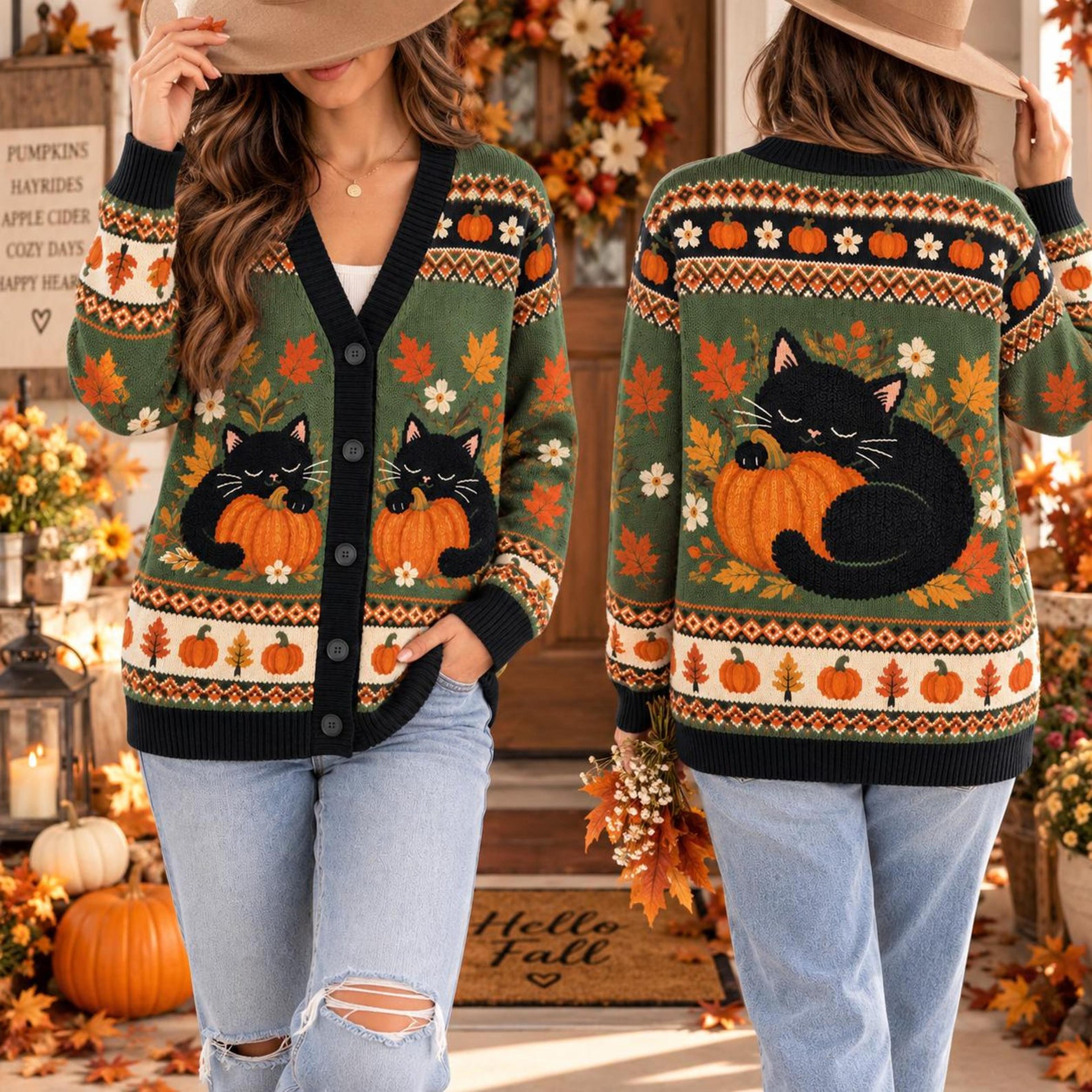 autumn black cat cardigan, unisex adult pumpkin sweater, cozy fall cat cardigan, cottagecore harvest cat lover gift