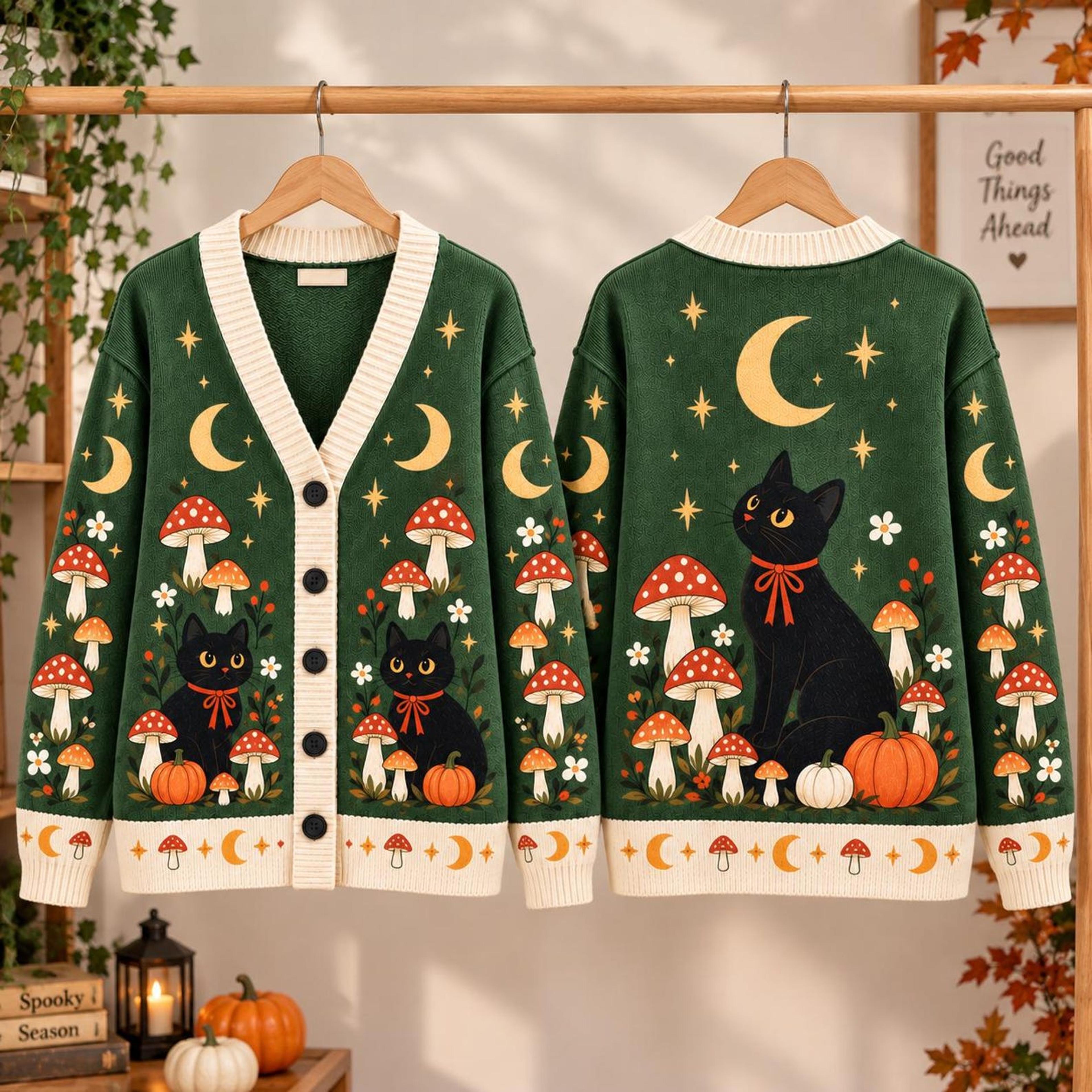 black cat mushroom cardigan, unisex adult cottagecore fall sweater, pumpkin moon autumn cardigan, cat lover gift