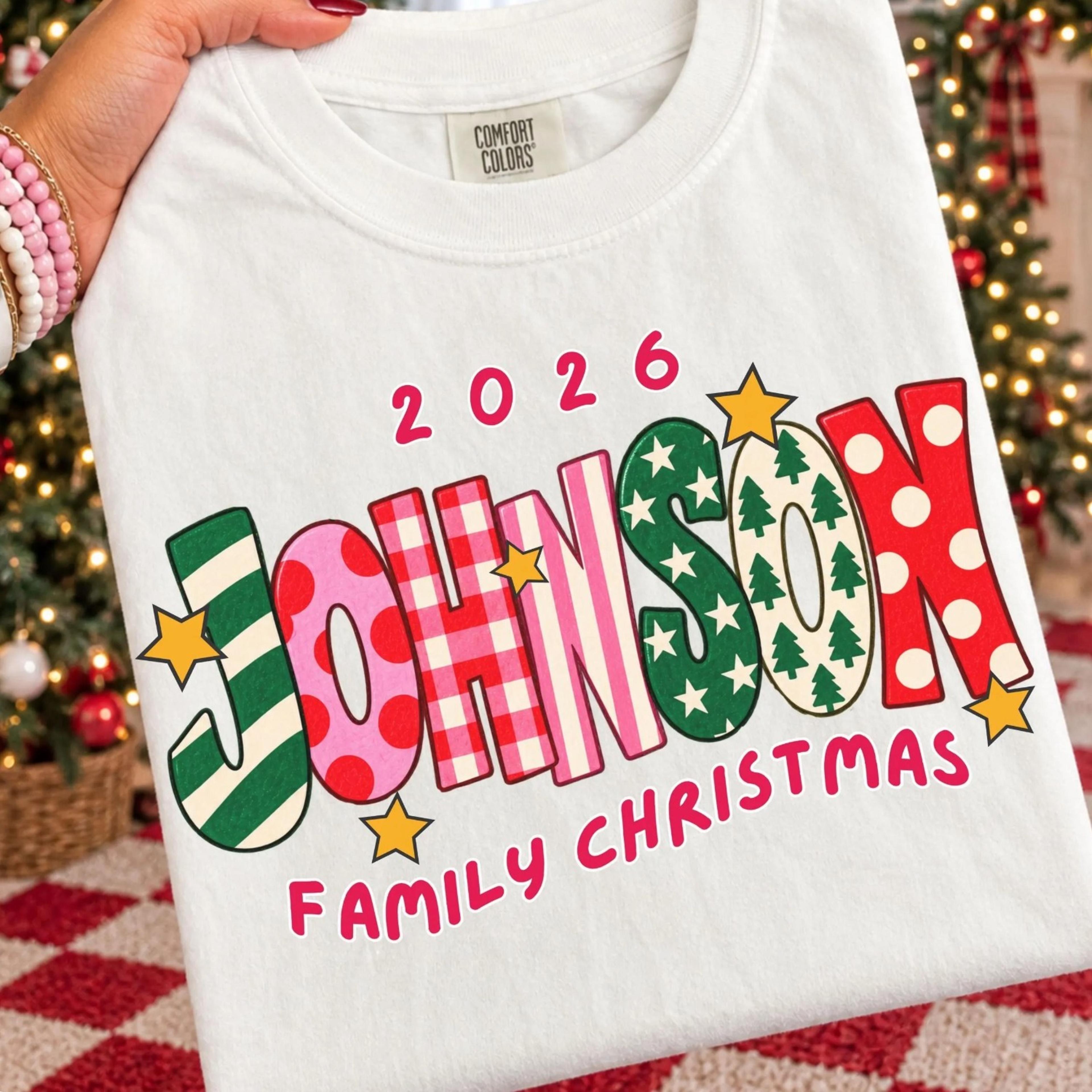family christmas shirt name matching family tee christmas 2026 t-shirt colorful pink holiday family christmas