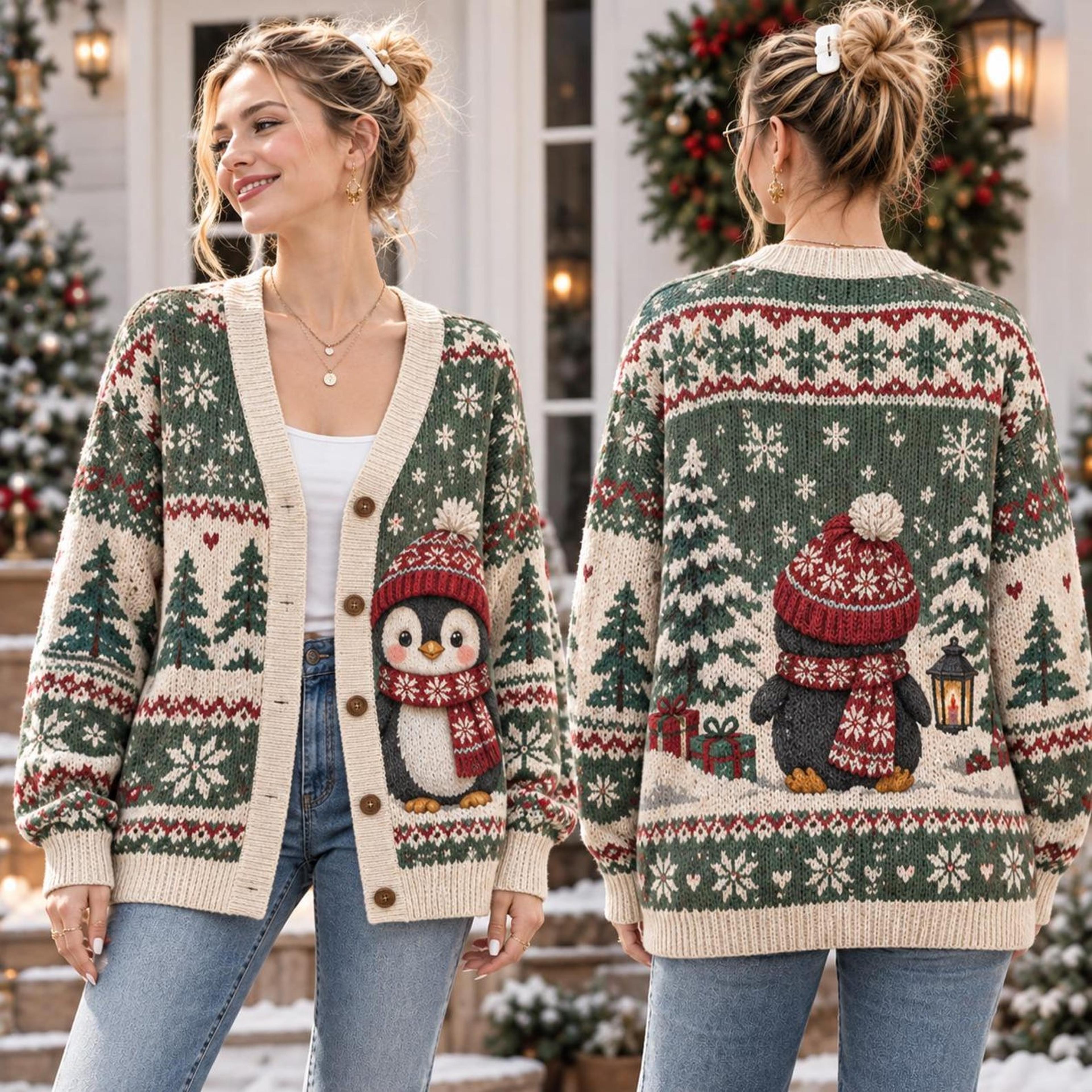 christmas penguin cardigan, unisex adult winter sweater, snowflake penguin holiday cardigan, cozy christmas gift