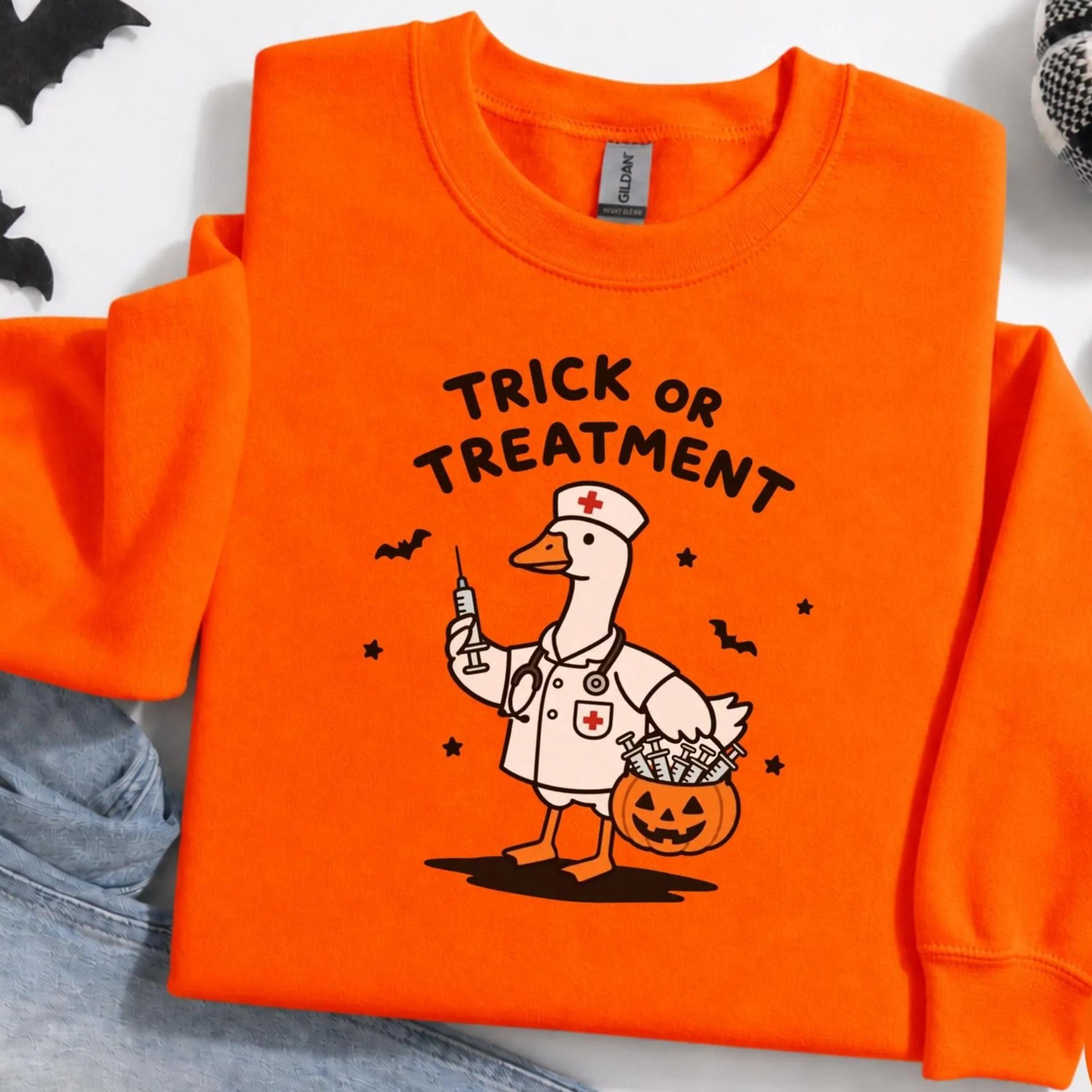 trick or treatment halloween nurse sweatshirt, funny goose meme nurse sweater, retro spooky season rn crewneck