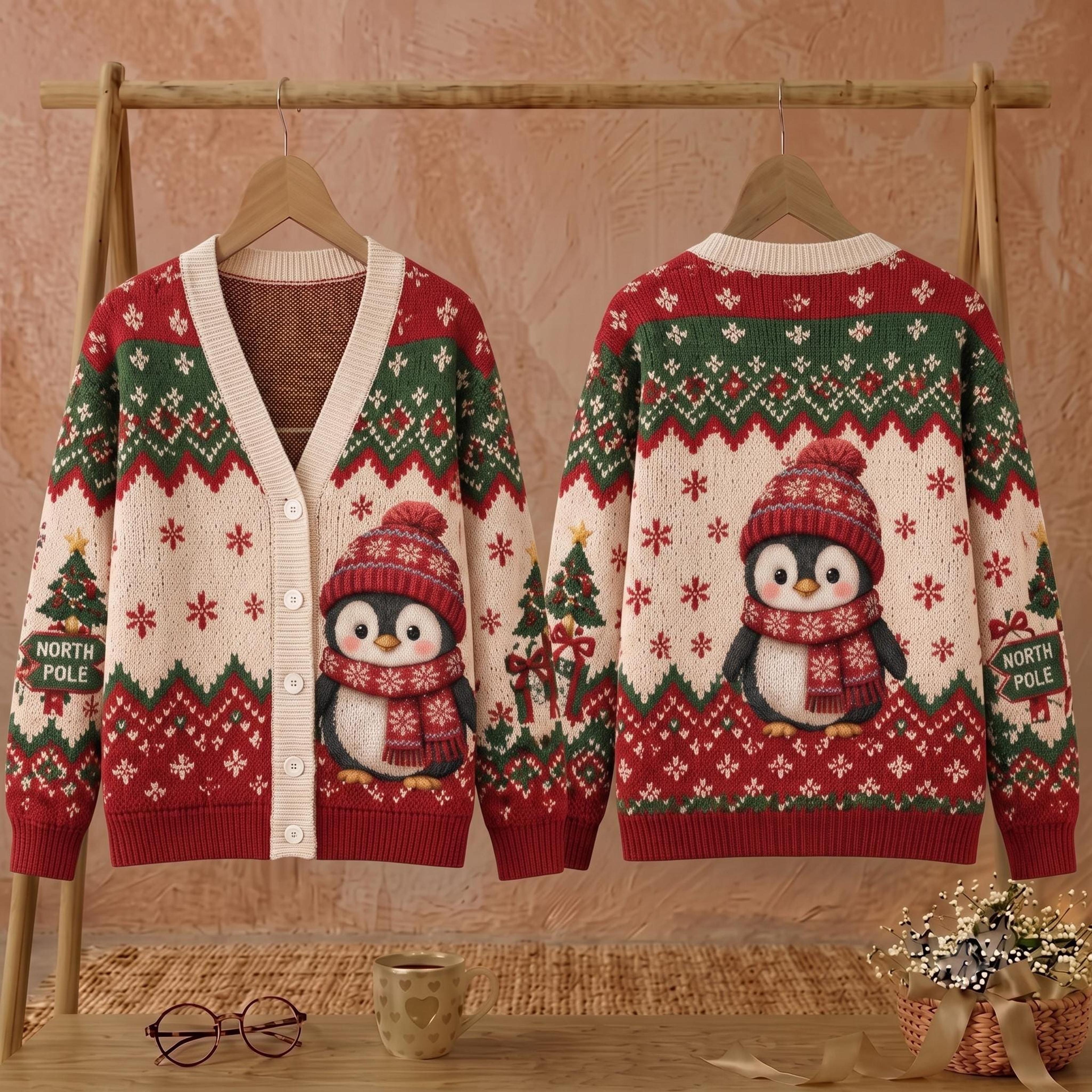 christmas penguin cardigan, unisex adult north pole holiday sweater, cute penguin snowflake cardigan, xmas gift