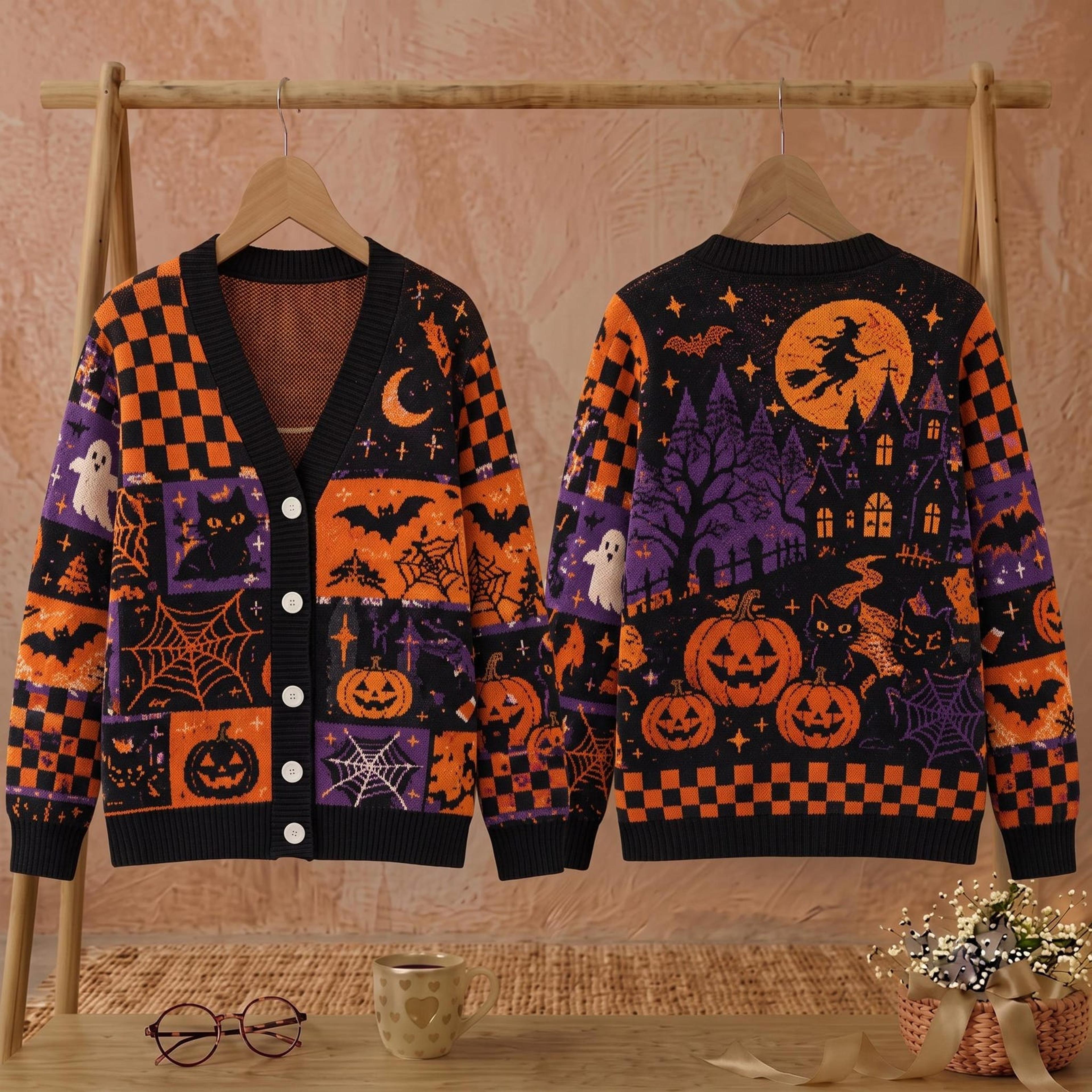 halloween cardigan, unisex adult black cat pumpkin sweater, witch haunted house spooky cardigan, halloween gift