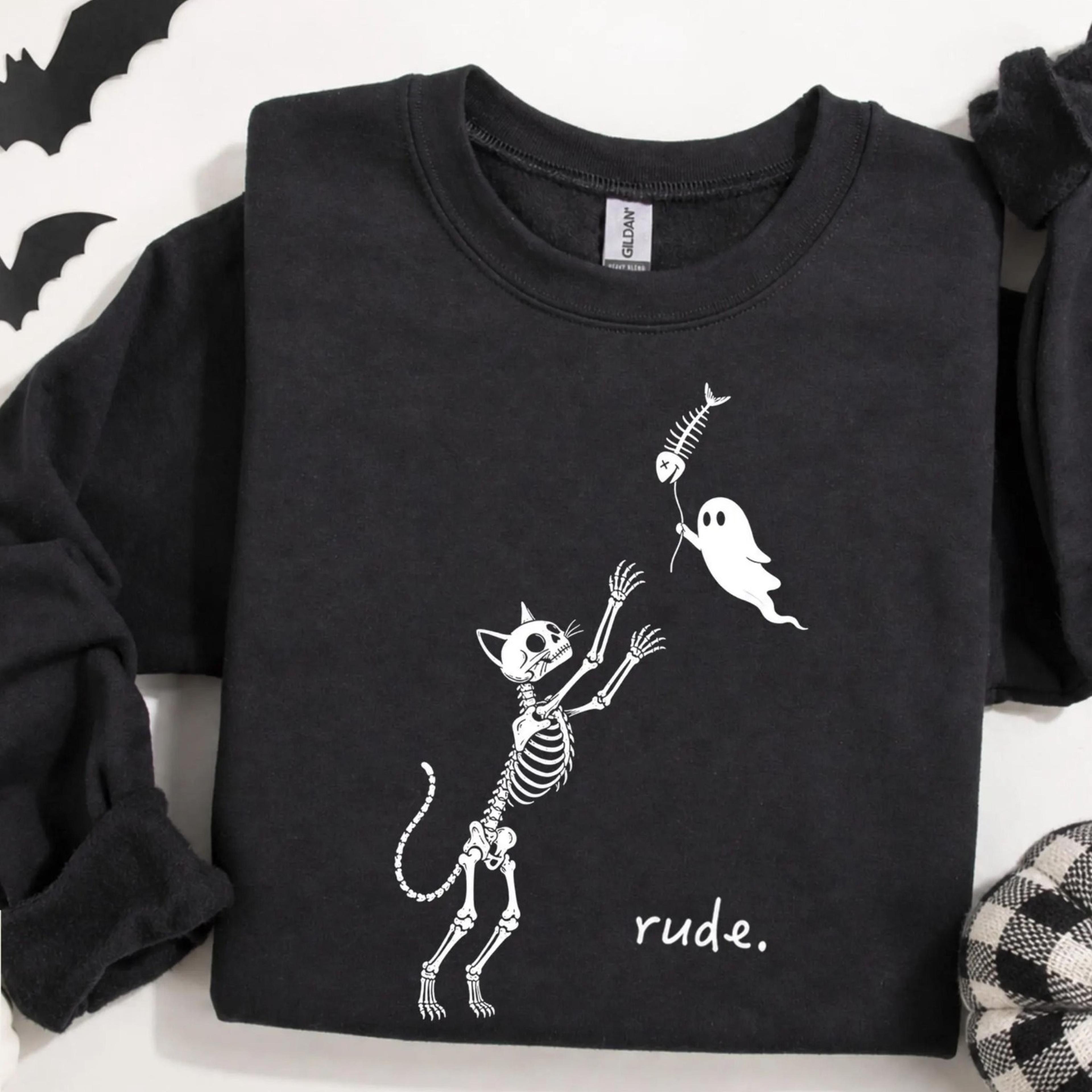rude cat skeleton shirt, dark humor halloween ghost tee, funny spooky season cat lover tshirt, cat mom