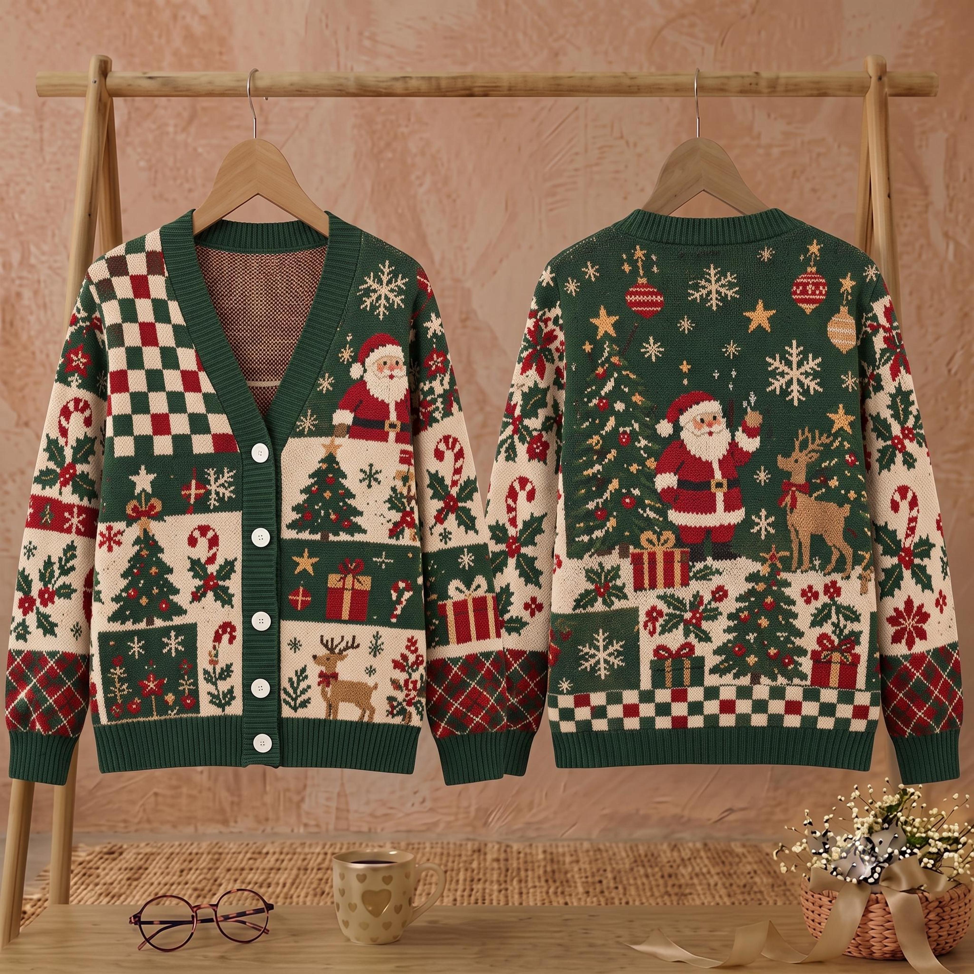 christmas santa cardigan, unisex adult reindeer holiday sweater, vintage christmas tree cardigan, festive xmas gift