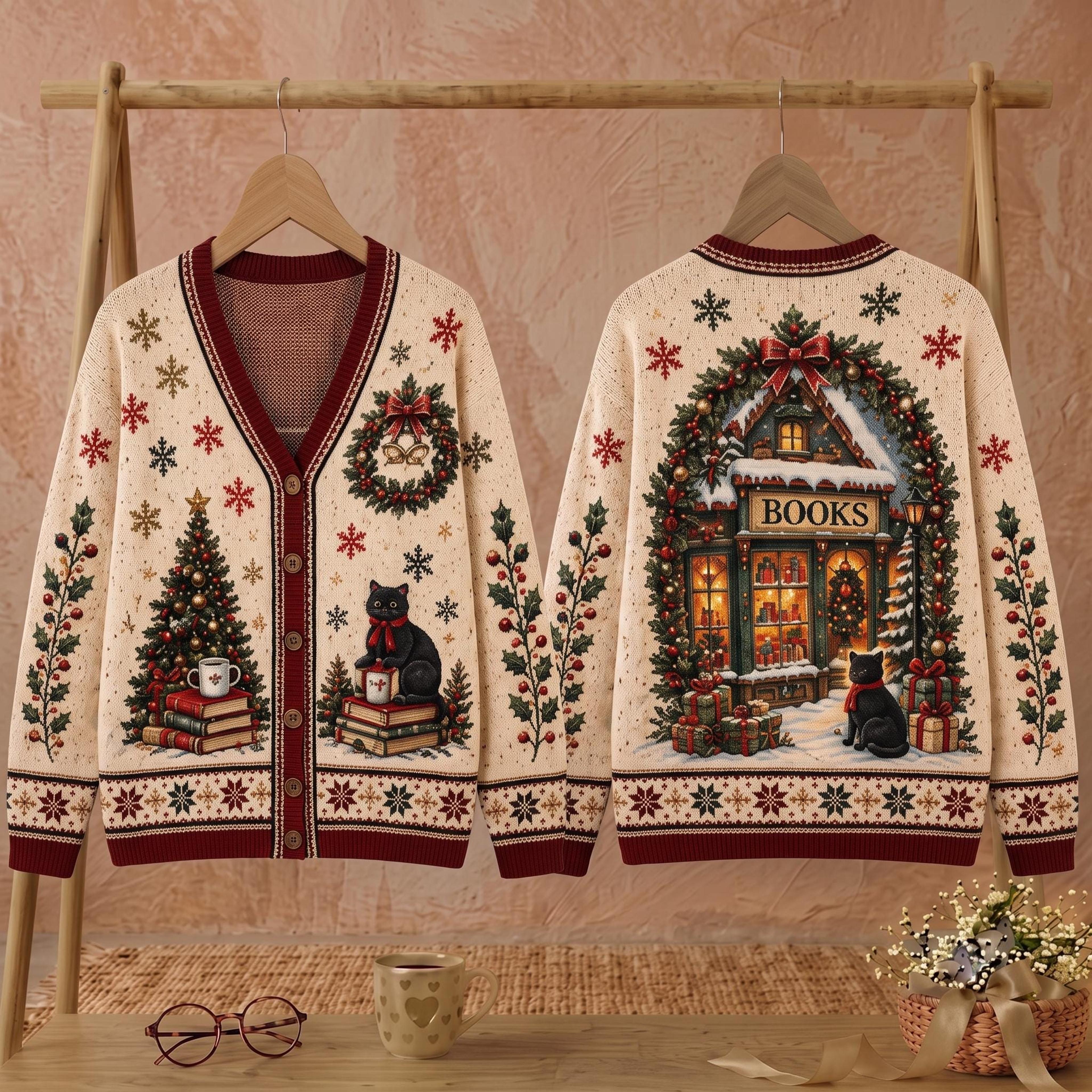 christmas book lover cardigan, unisex adult black cat sweater, cozy bookstore holiday cardigan, reader christmas gift