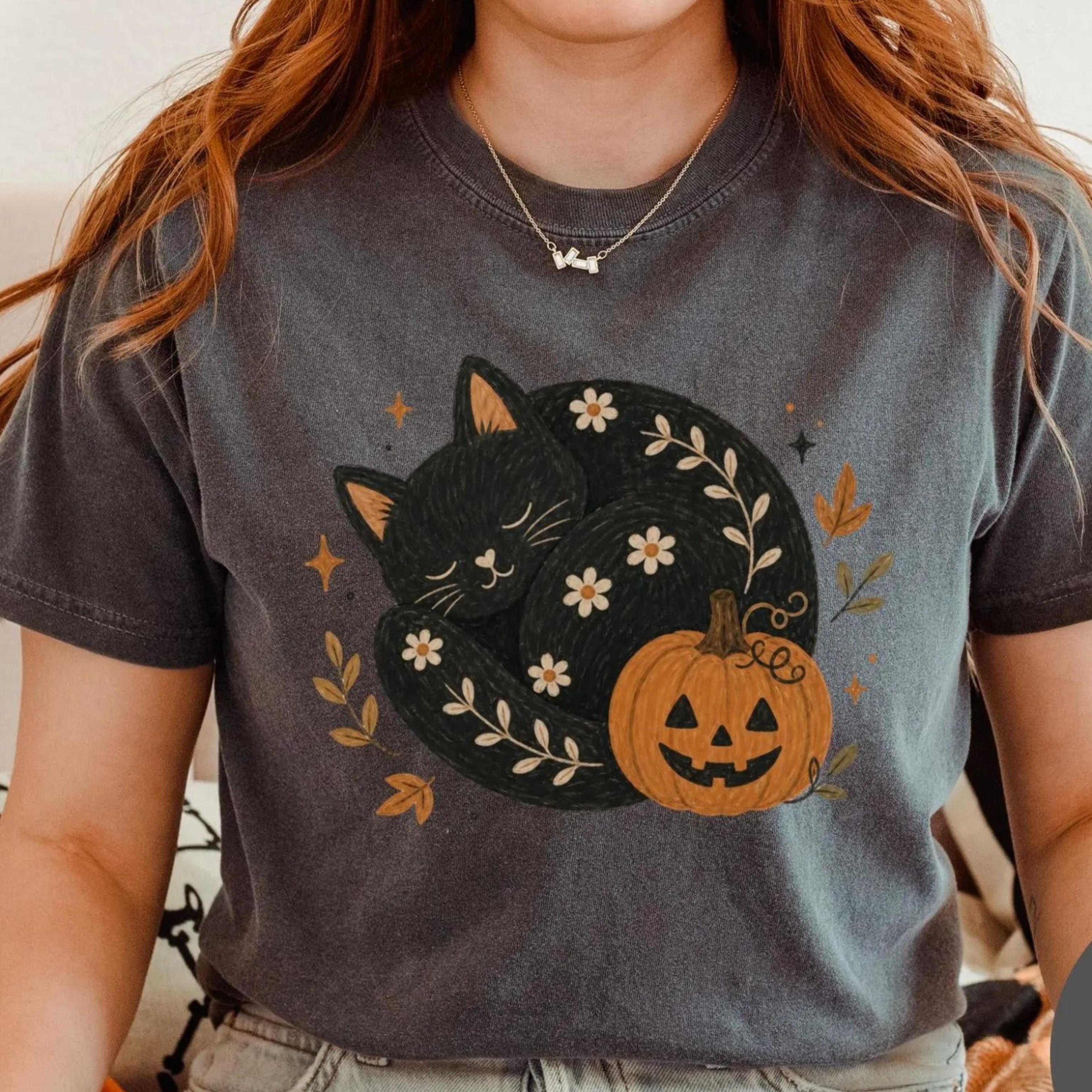 boho black cat halloween shirt, fall aesthetic cottagecore tee, cute spooky season cat lover tshirt, cat