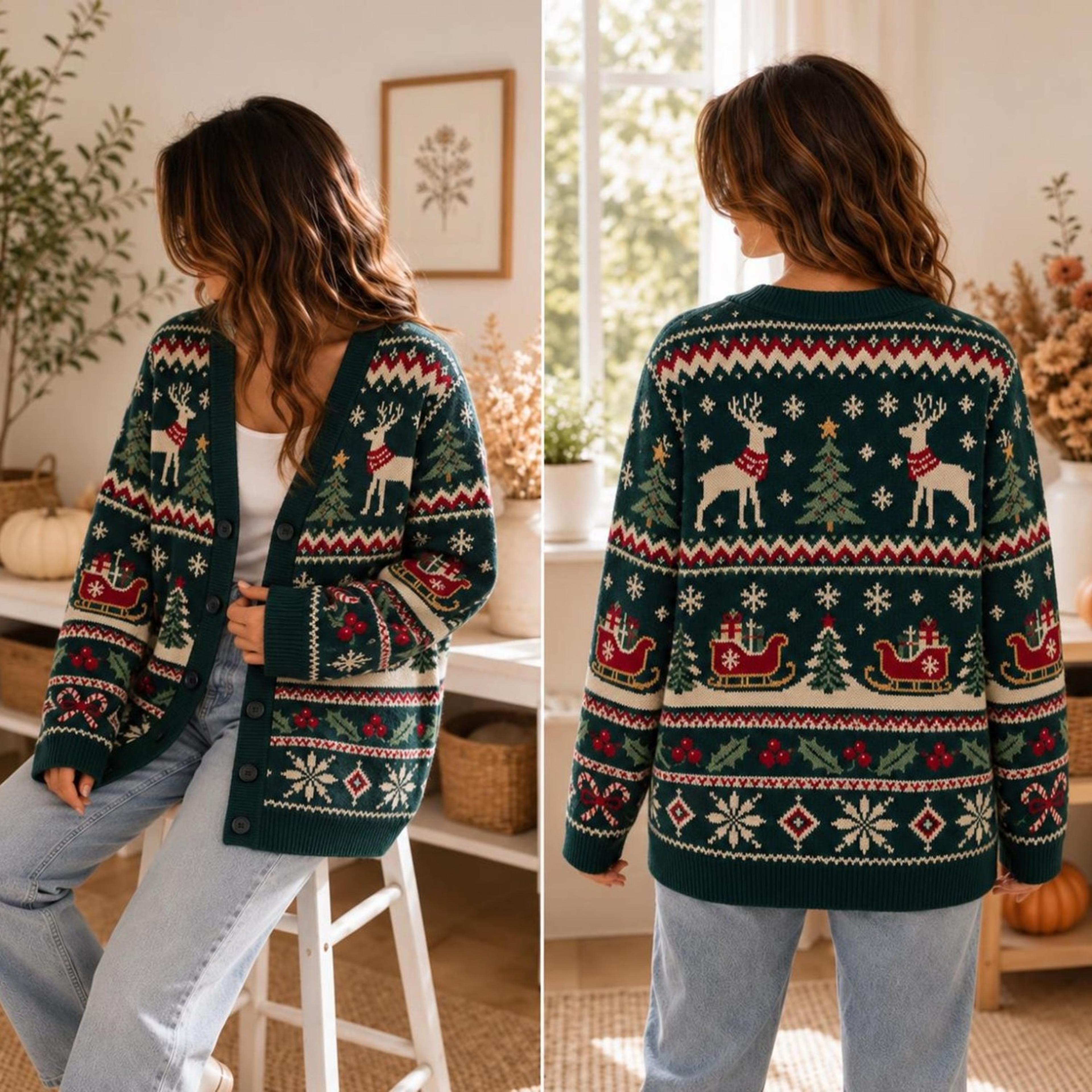 christmas reindeer cardigan, unisex adult holiday sweater, santa sleigh christmas tree cardigan, festive xmas gift