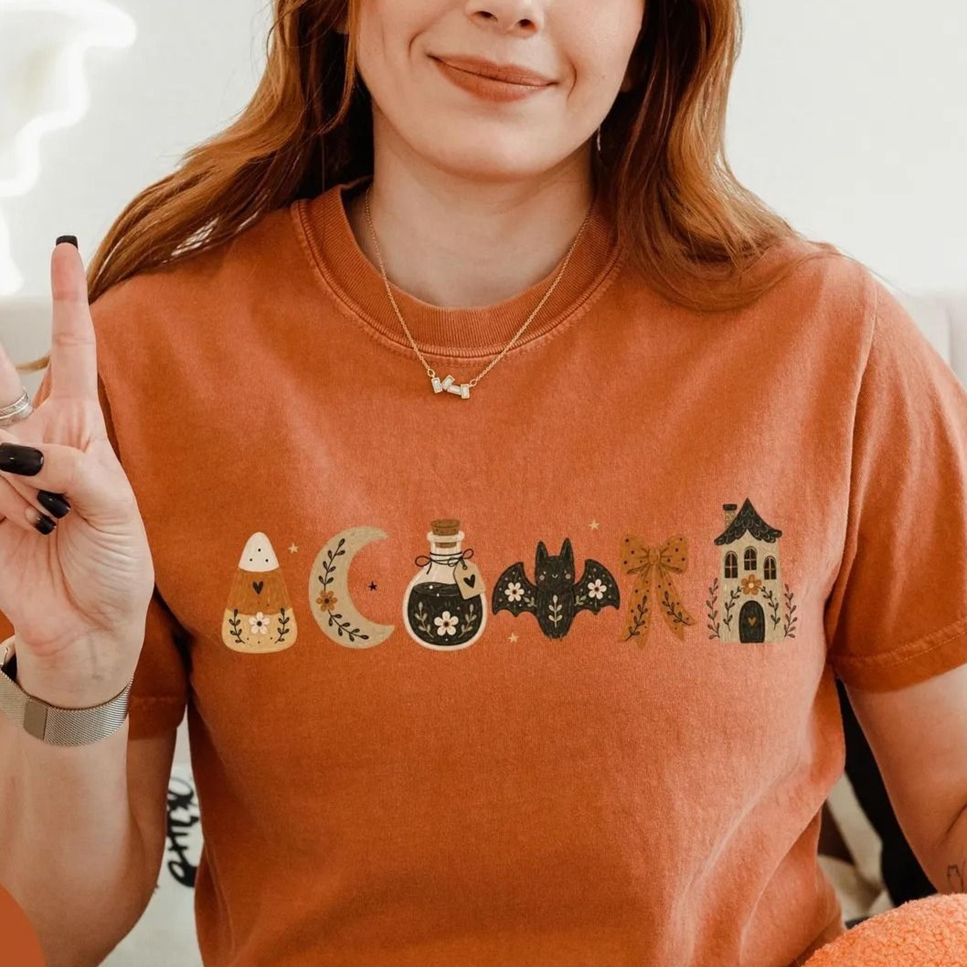 boho halloween shirt, fall aesthetic cottagecore harvest season tshirt, cute spooky bat tee
