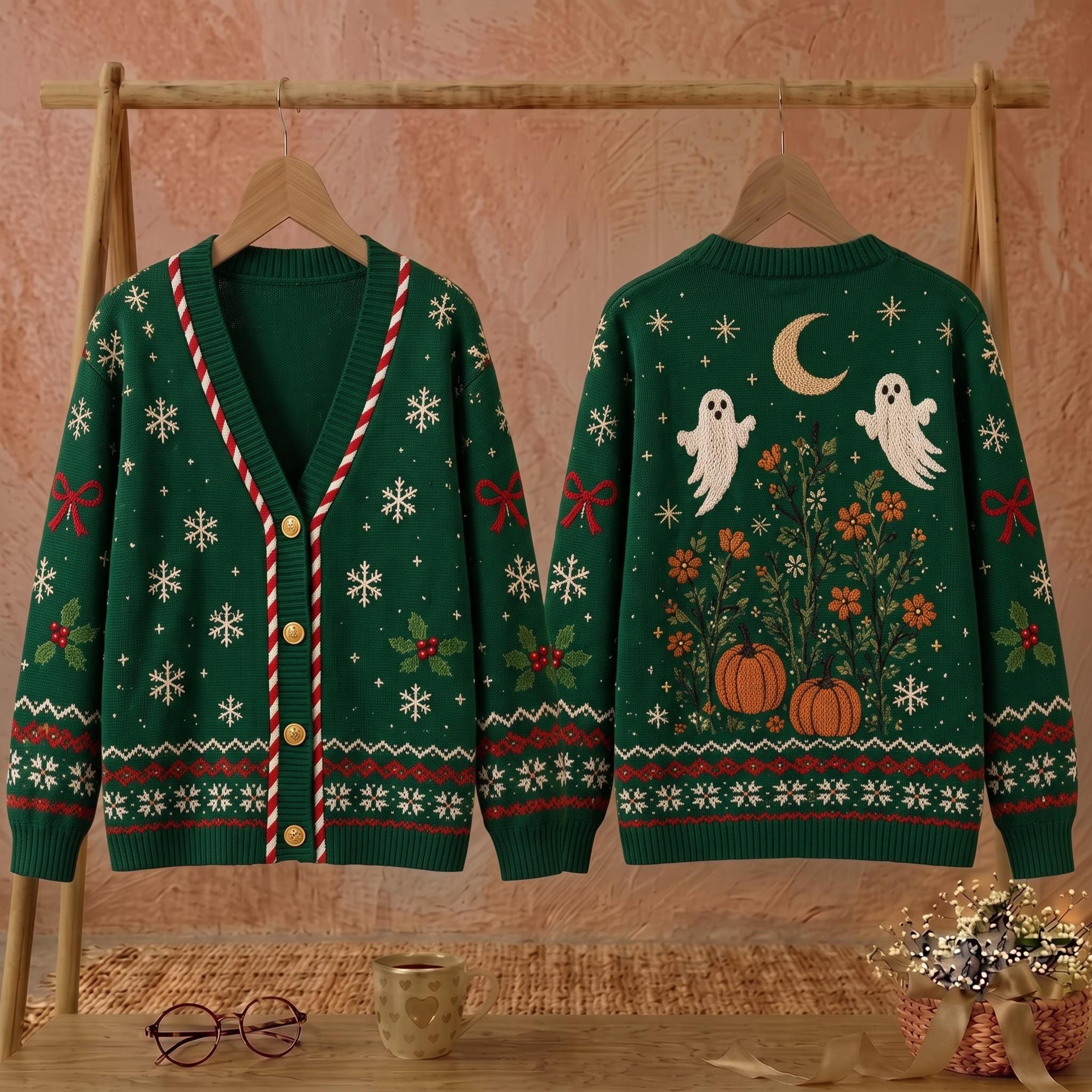christmas ghost cardigan, unisex adult spooky holiday sweater, pumpkin snowflake cardigan, cozy ghost christmas gift