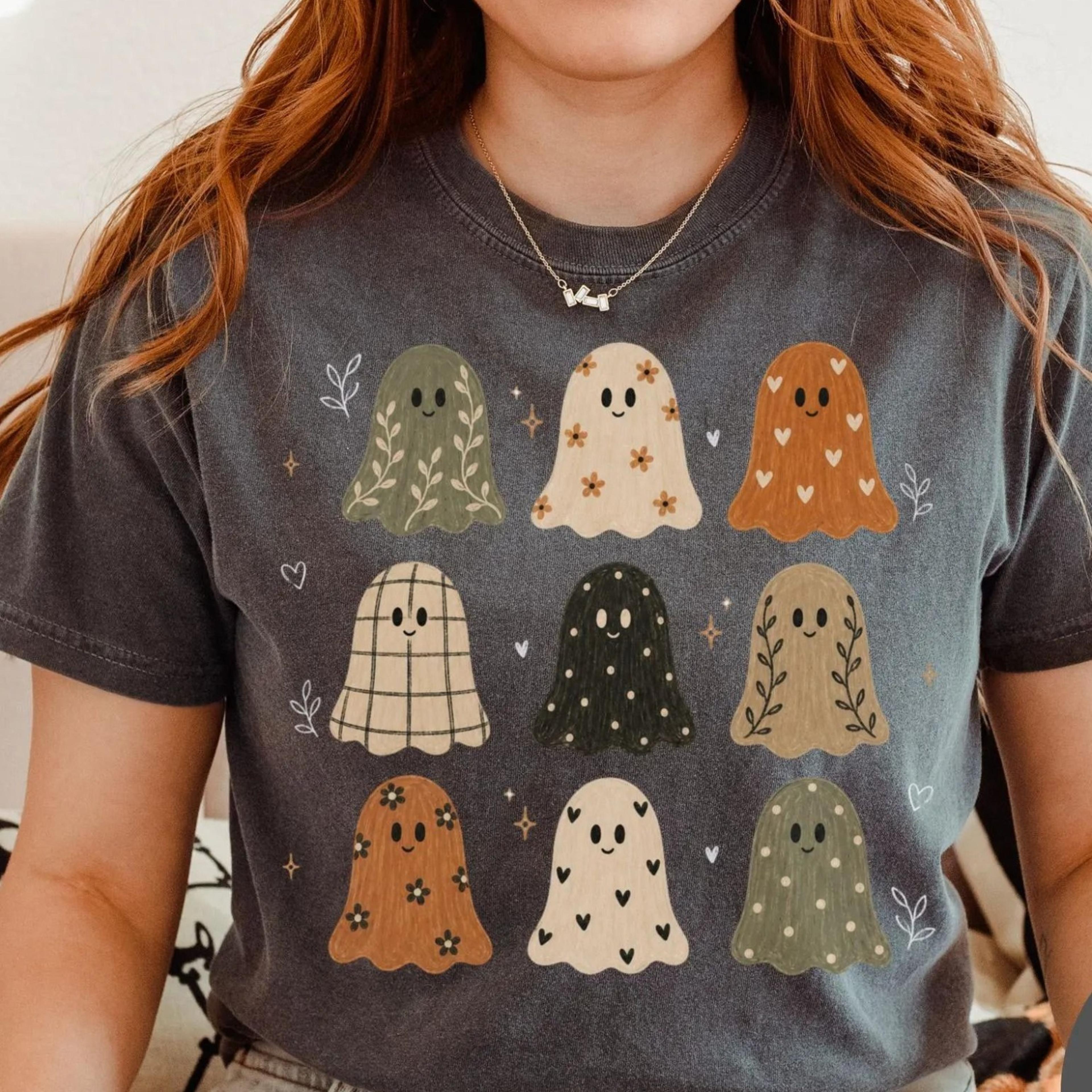 boho ghosts halloween shirt, autumn aesthetic cottagecore harvest season tshirt, cute ghost tee, retro spooky season