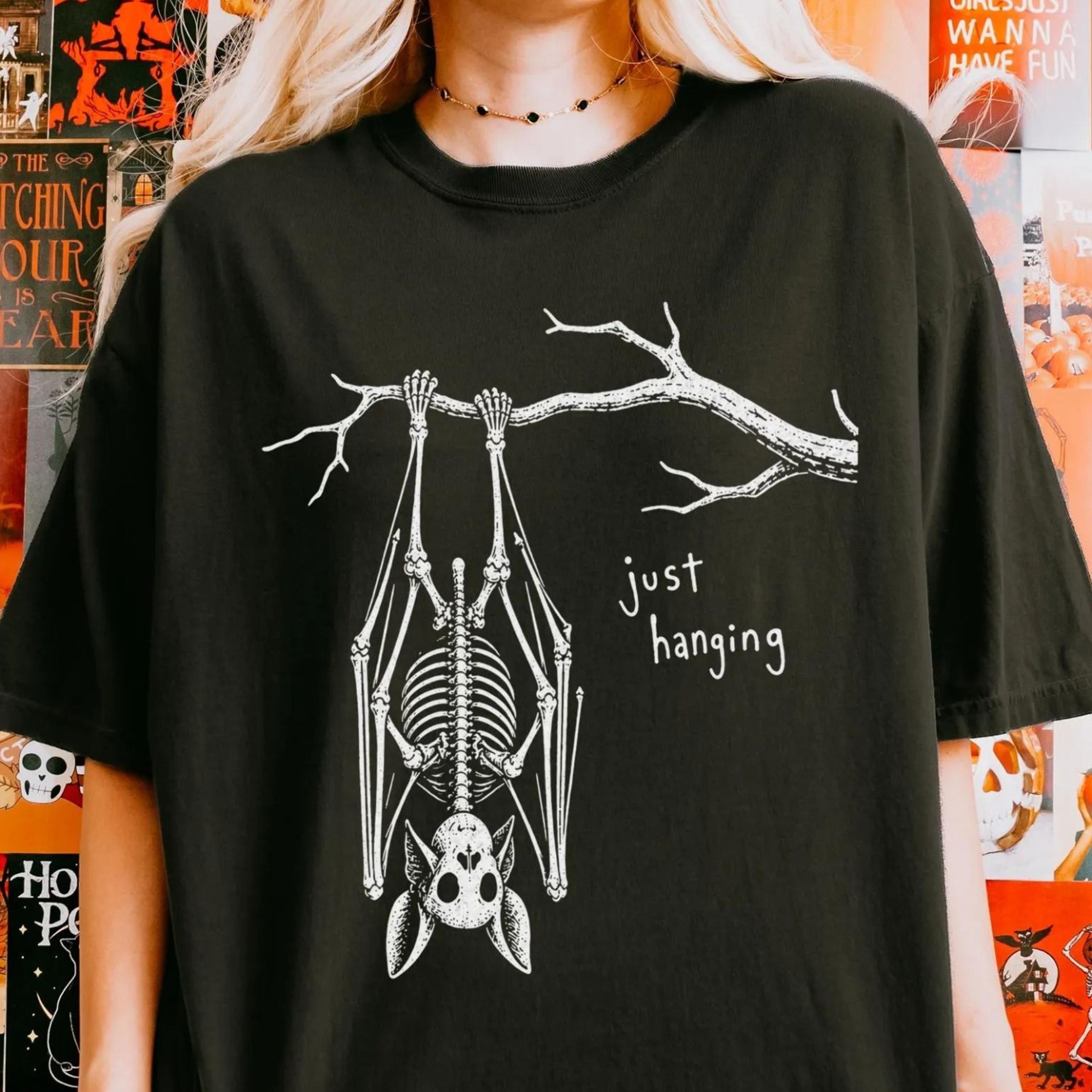 just hanging bat shirt, dark humor halloween tee, funny spooky season gothic skeleton tshirt