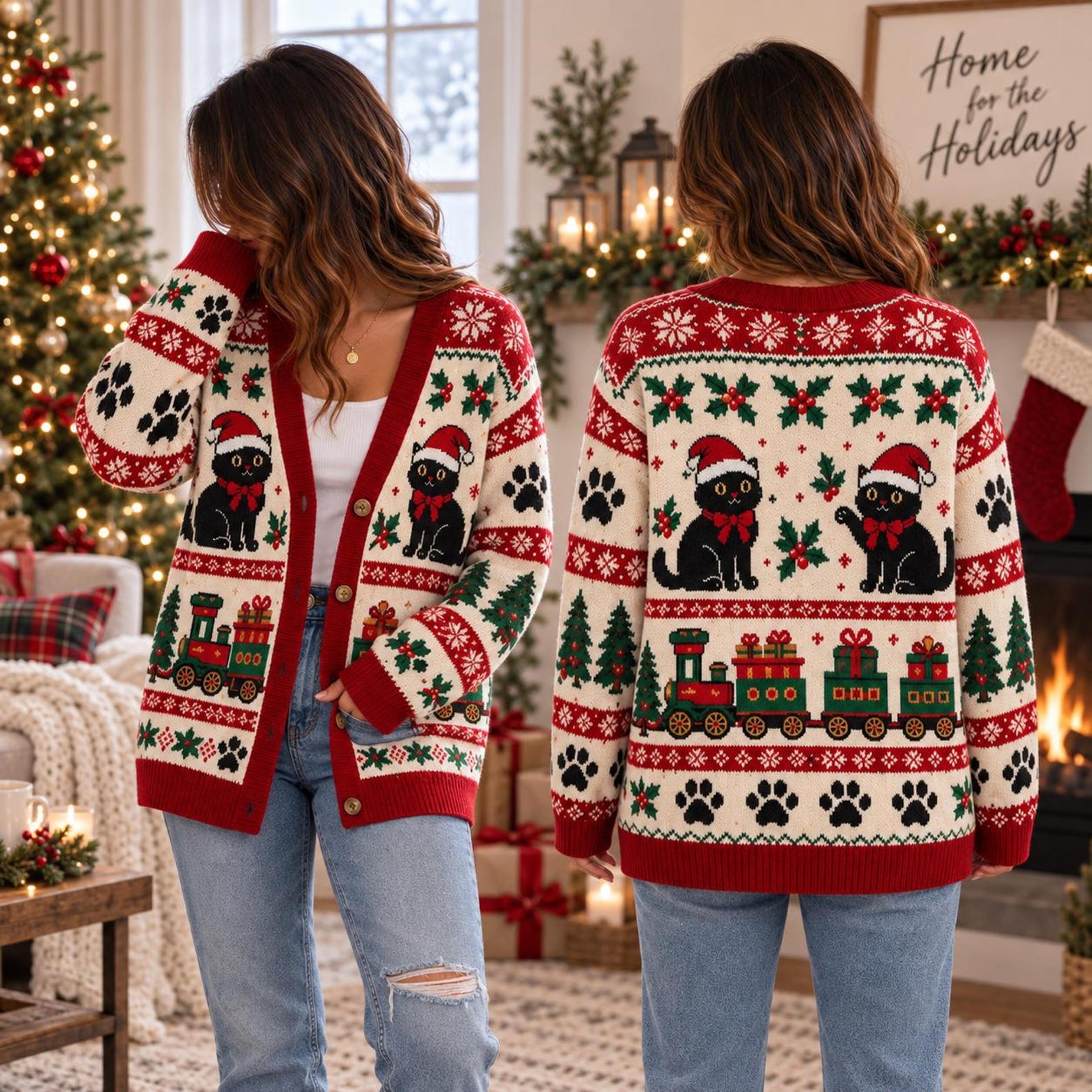 christmas black cat cardigan, unisex adult holiday sweater, festive cat train cardigan, cozy christmas cat lover gift