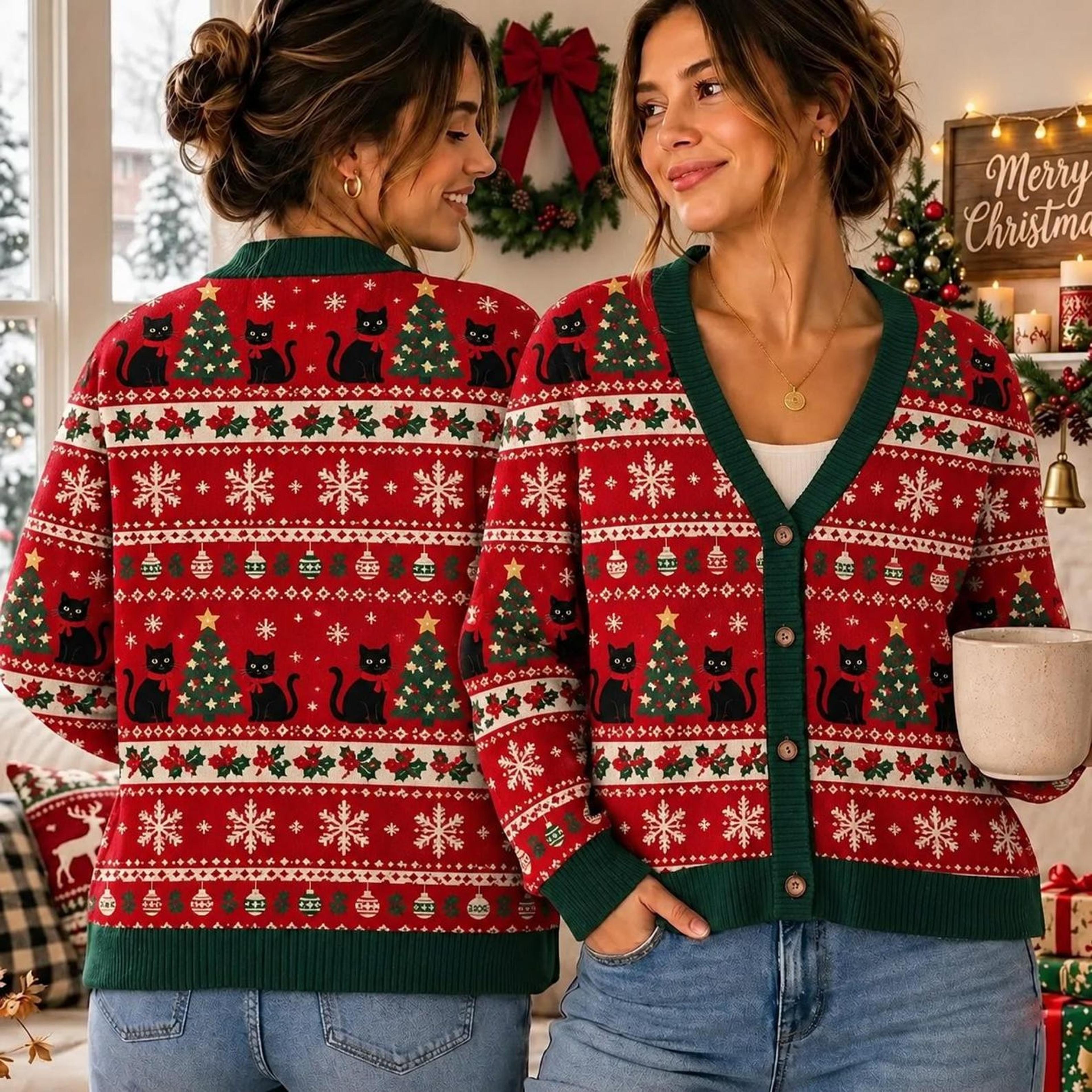 christmas black cat cardigan, unisex adult holiday sweater, festive cat snowflake cardigan, cozy xmas cat lover gift