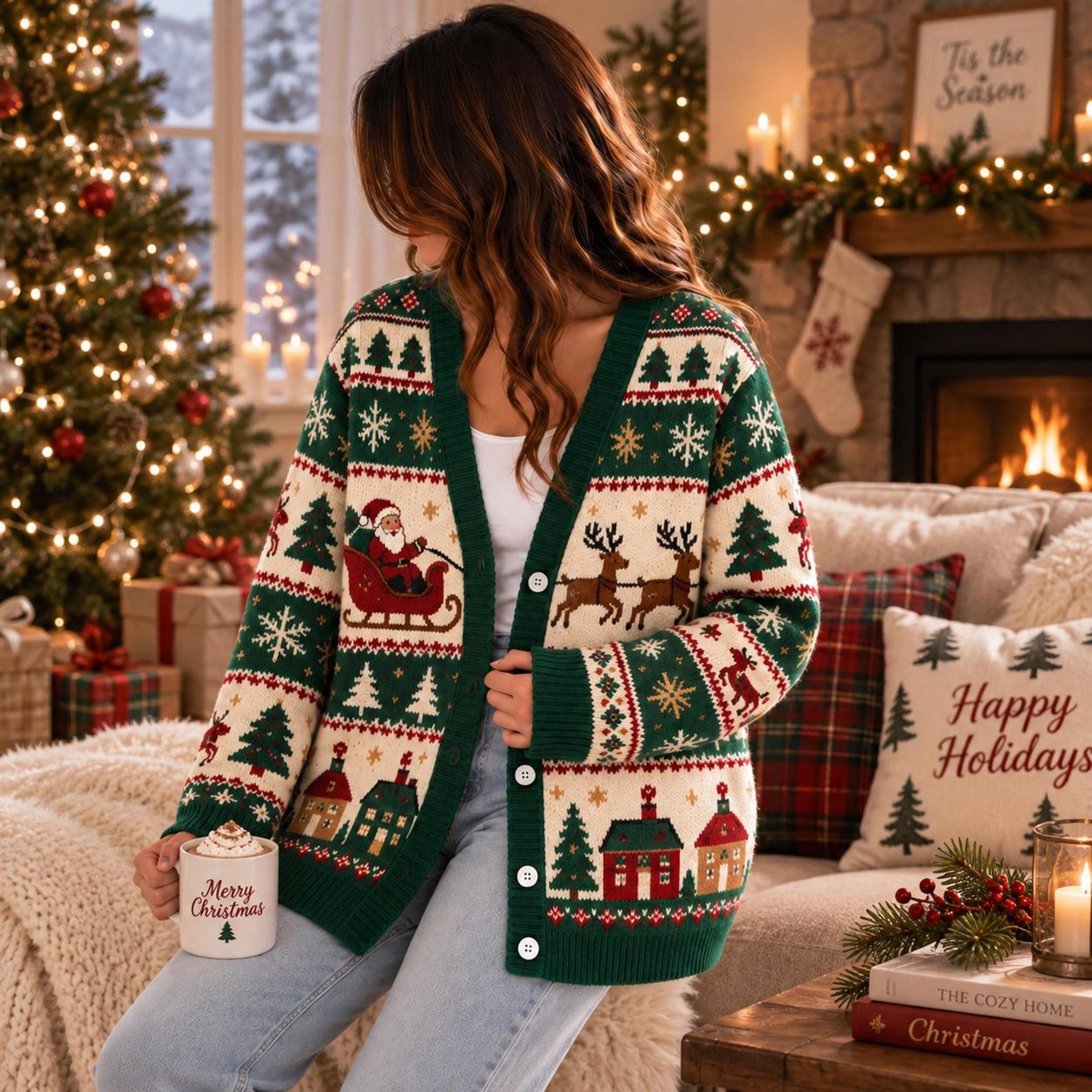 christmas santa cardigan, unisex adult reindeer holiday sweater, festive sleigh christmas tree cardigan, xmas gift