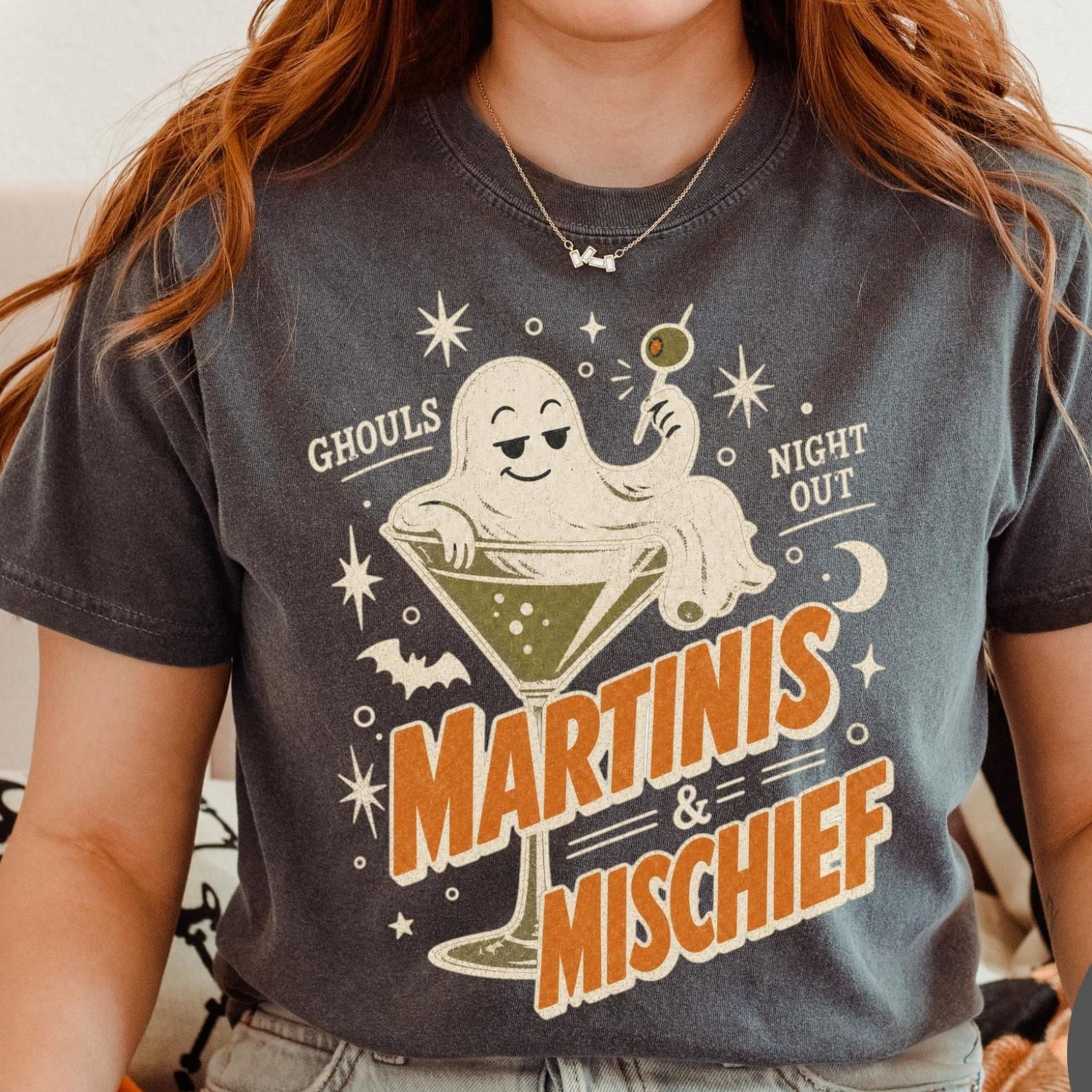 martinis and mischief ghost shirt, funny retro halloween tee, vintage spooky season tshirt