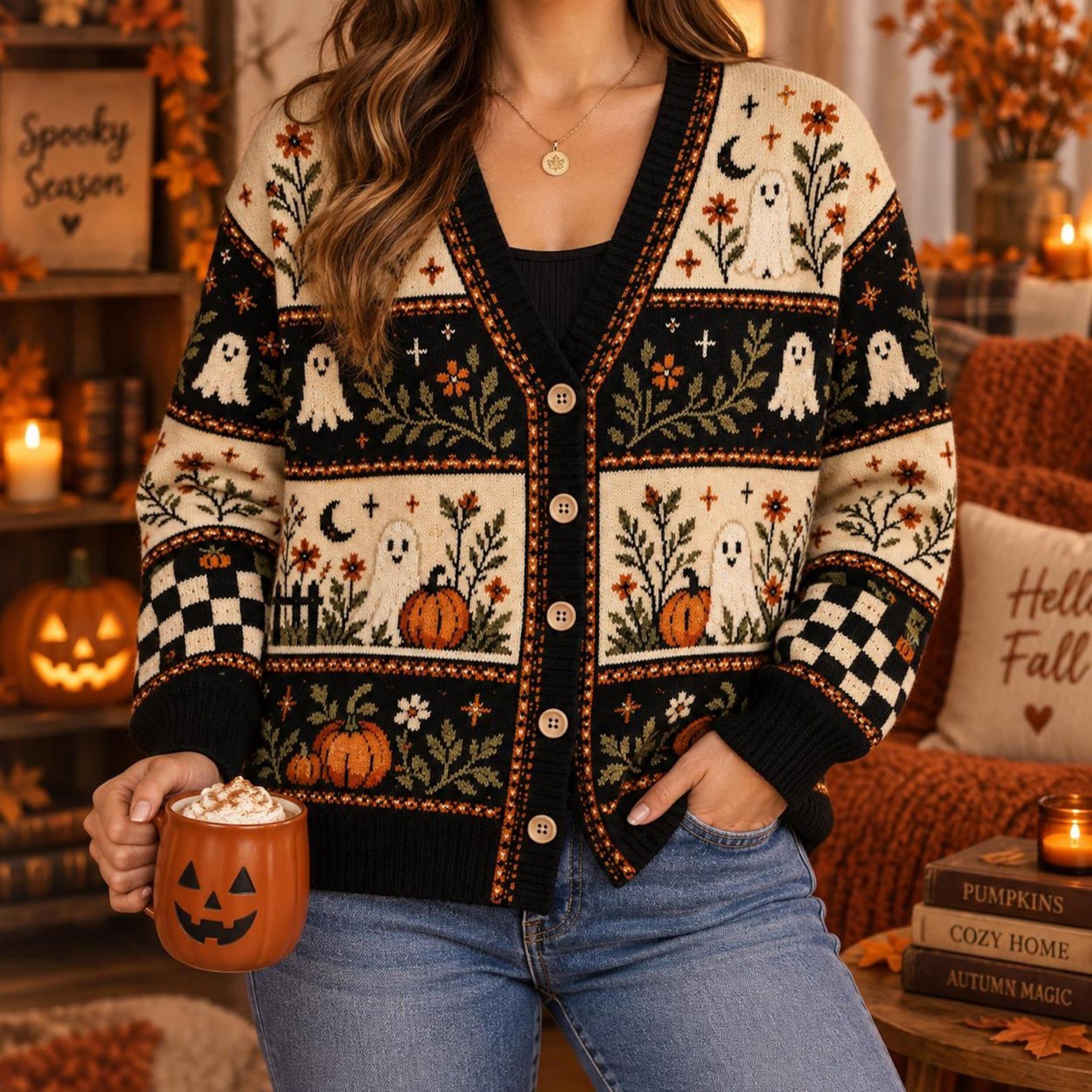 halloween ghost cardigan, unisex adult pumpkin fall sweater, spooky floral autumn cardigan, cozy halloween gift