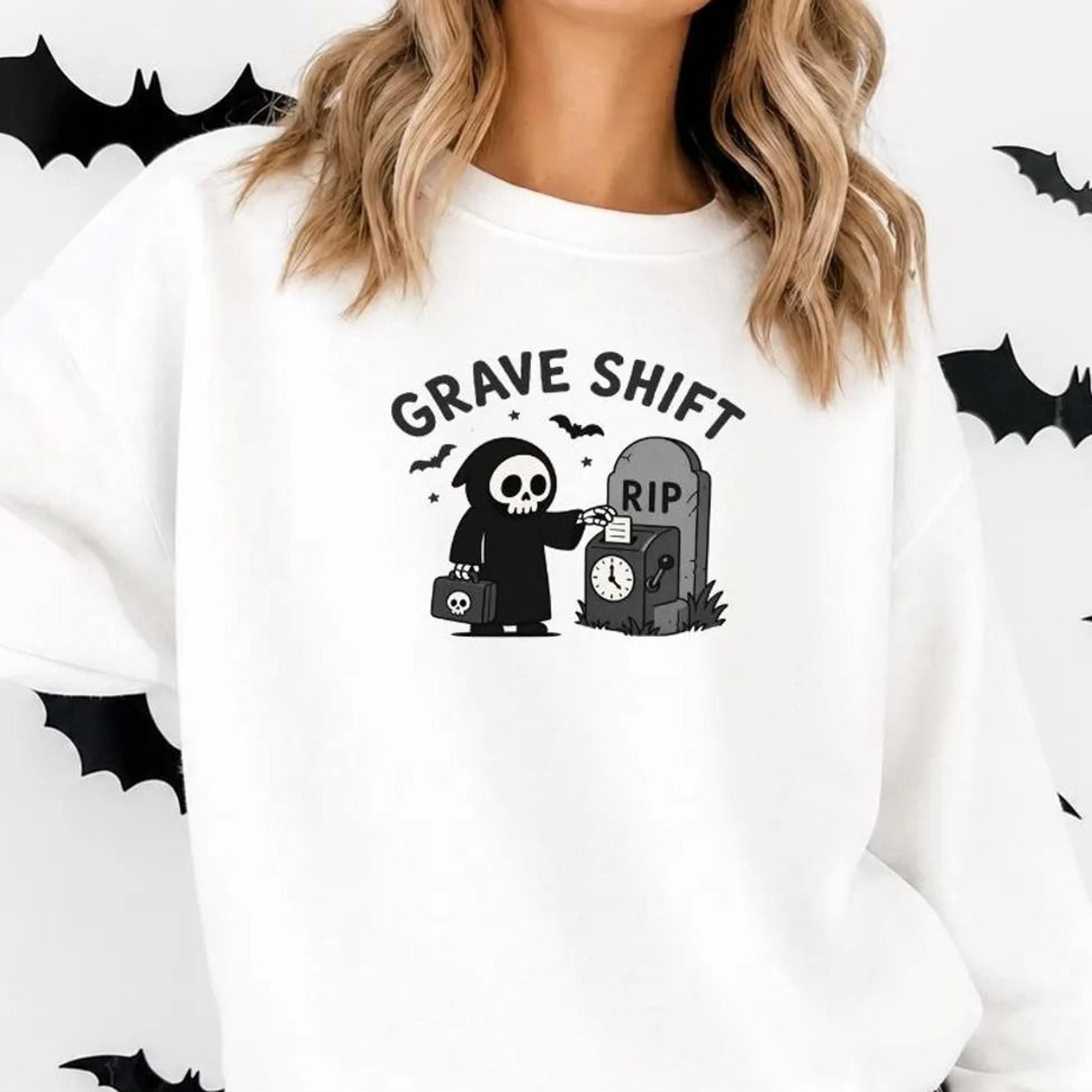 grave shift halloween sweatshirt, funny grim reaper skeleton sweater, retro spooky season crewneck, summerween shirt