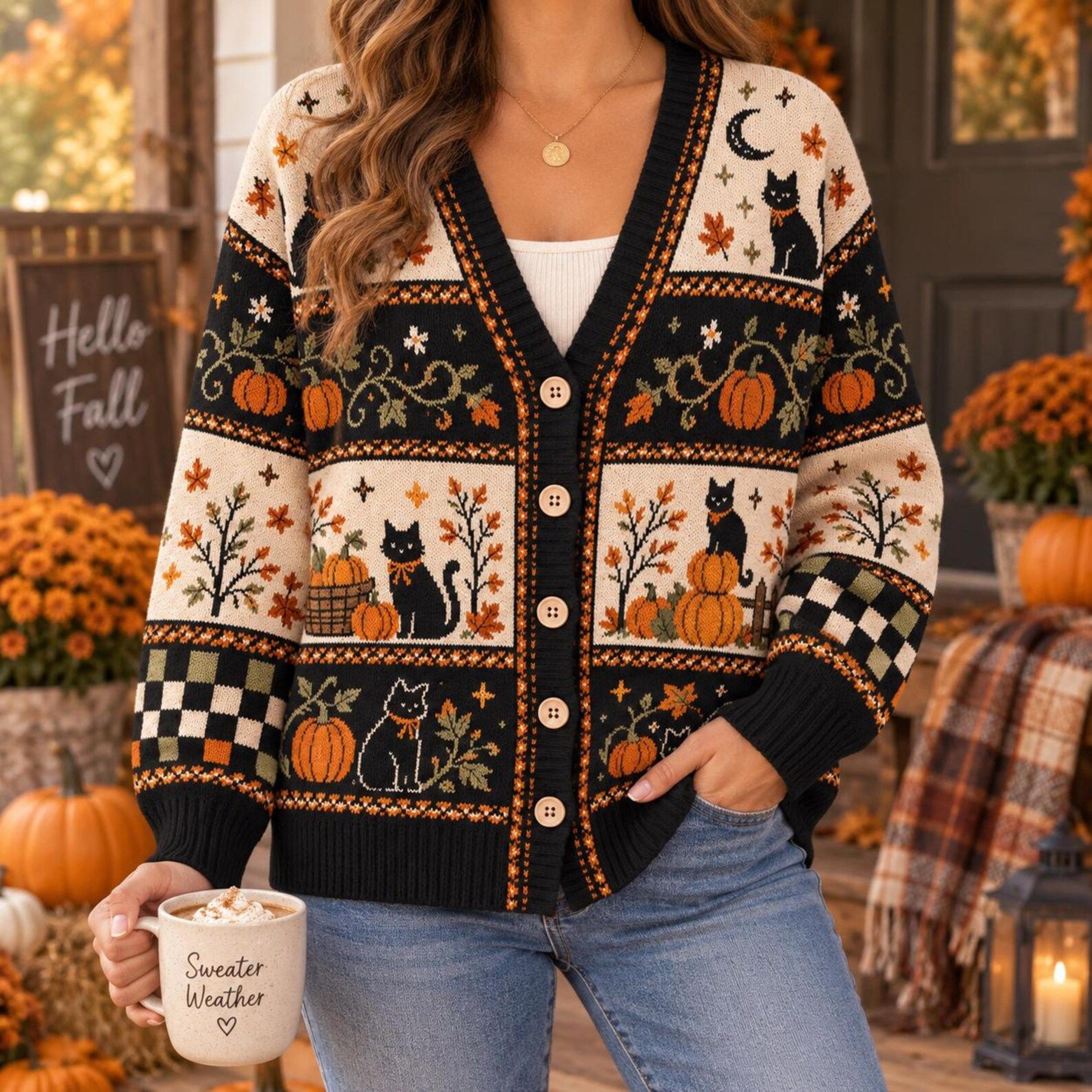 halloween black cat cardigan, unisex adult pumpkin fall sweater, spooky autumn cat cardigan, cozy halloween gift