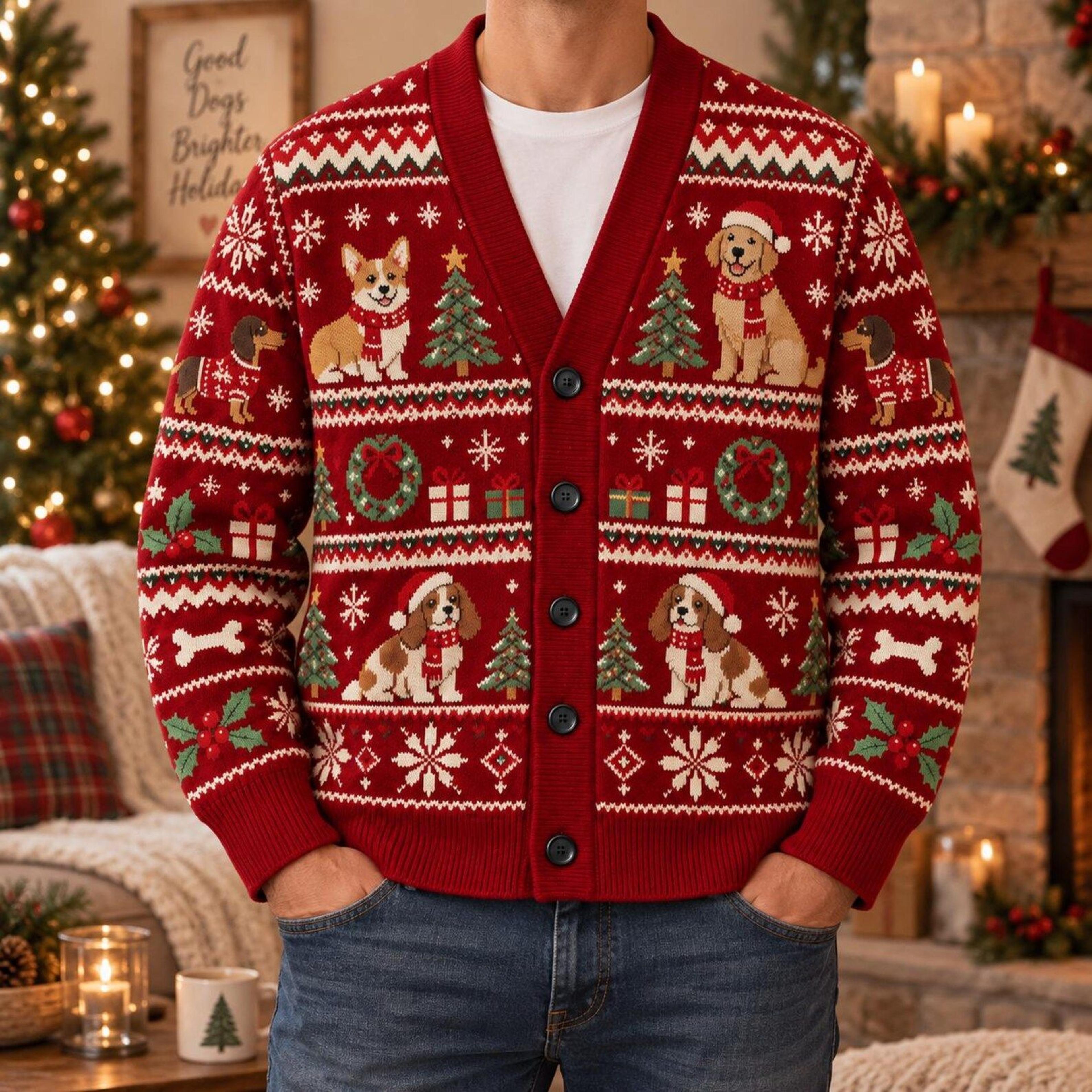 christmas dog cardigan, unisex adult holiday sweater, festive puppy christmas tree cardigan, cozy dog lover gift