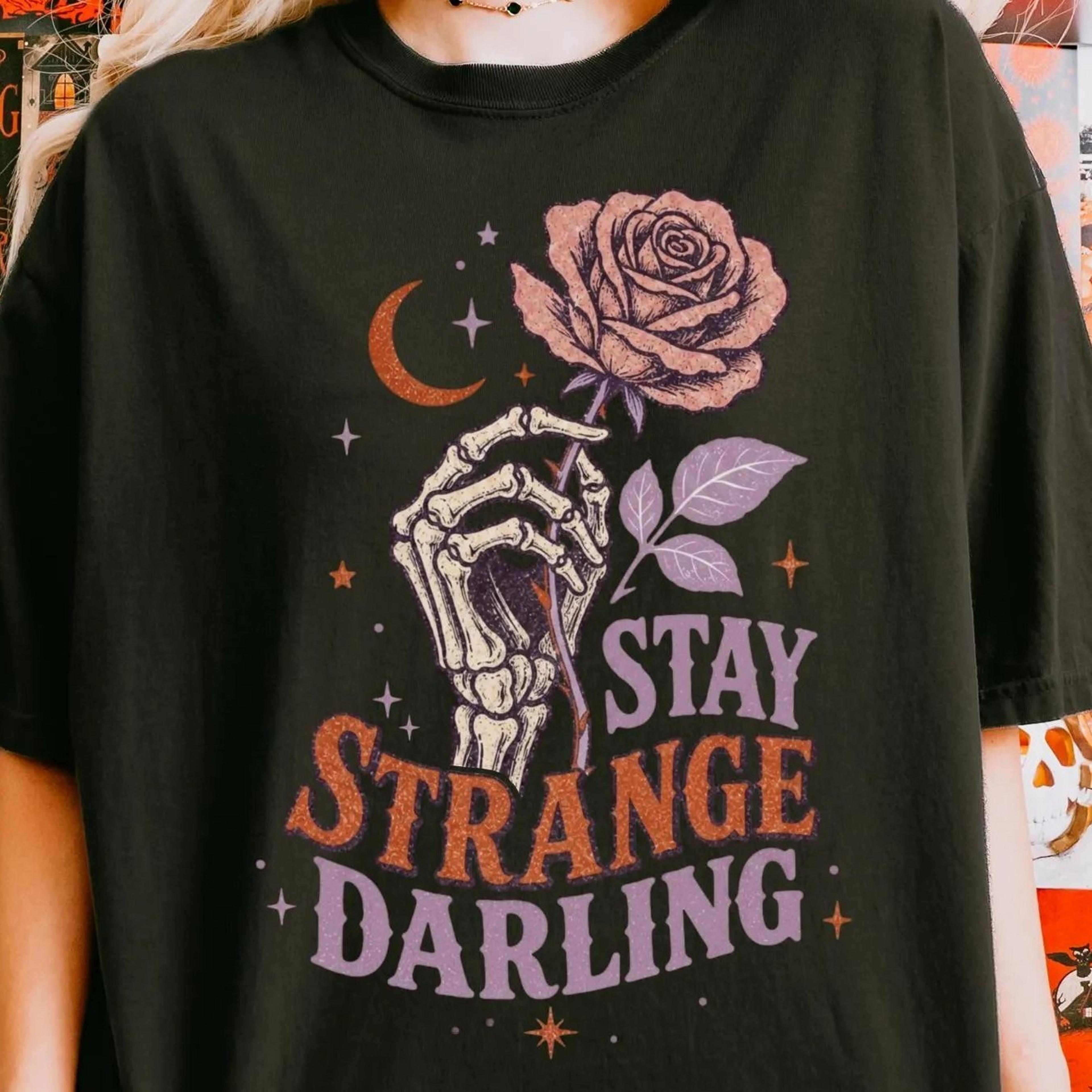 stay strange darling shirt, retro skeleton halloween tshirt, vintage spooky season gothic tee, witchy vibes gift