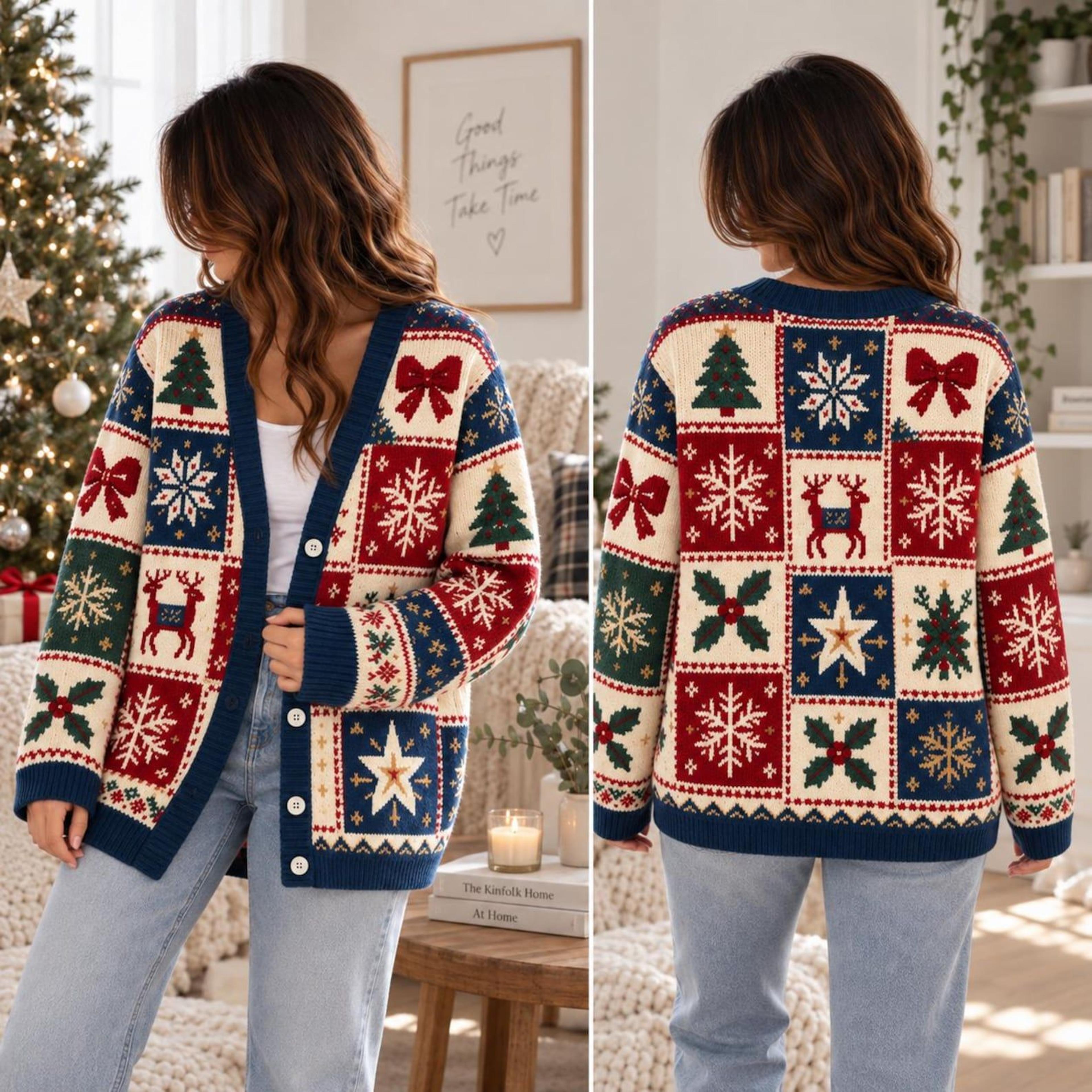 christmas patchwork cardigan, unisex adult holiday sweater, snowflake reindeer tree cardigan, cozy xmas gift