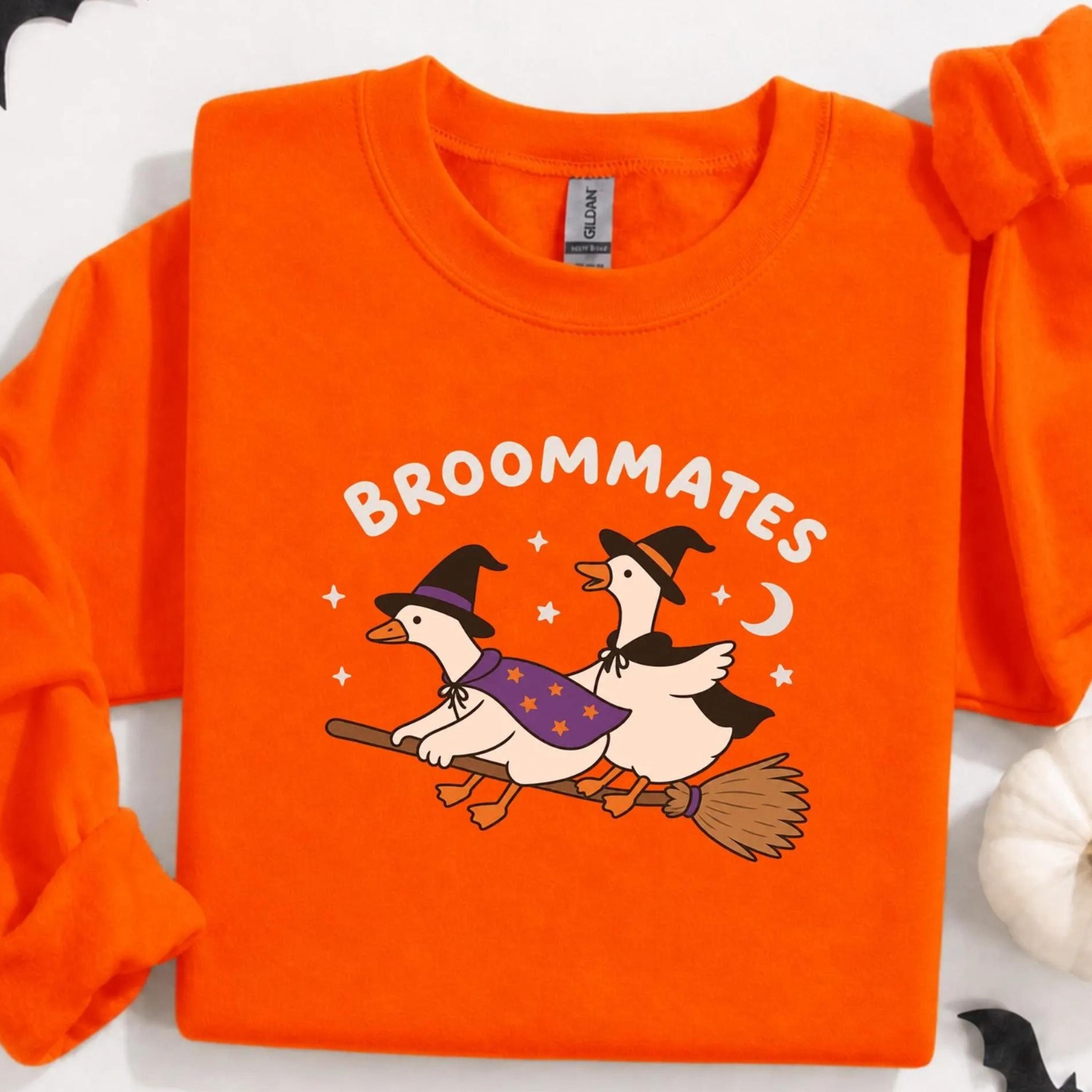 broommates goose halloween sweatshirt, funny witch wizard meme sweater, retro halloween spooky season crewneck