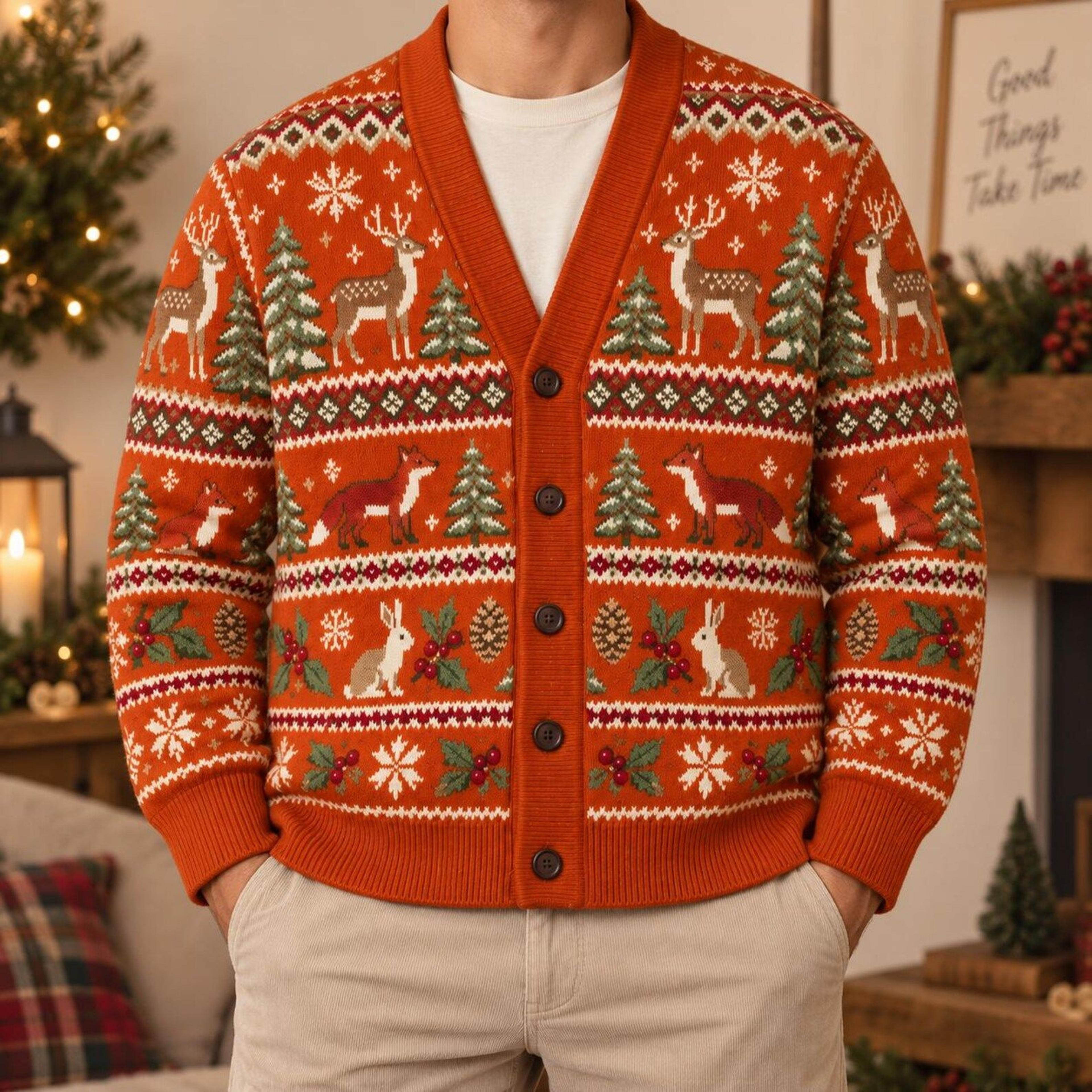 christmas woodland cardigan, unisex adult reindeer fox bunny holiday sweater, cozy forest christmas cardigan gift
