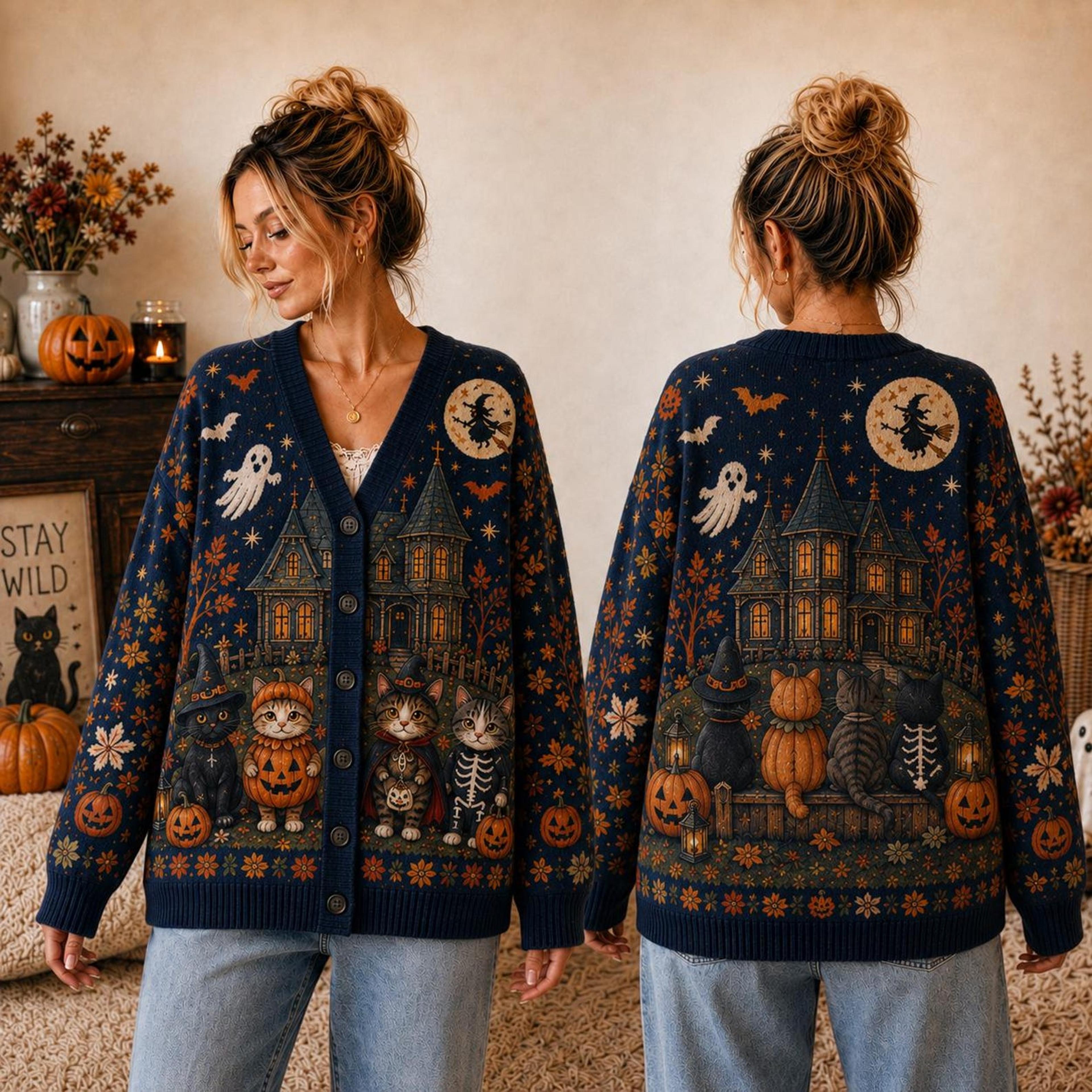 halloween black cat cardigan, unisex adult haunted house sweater, witchy cat pumpkin ghost autumn cardigan