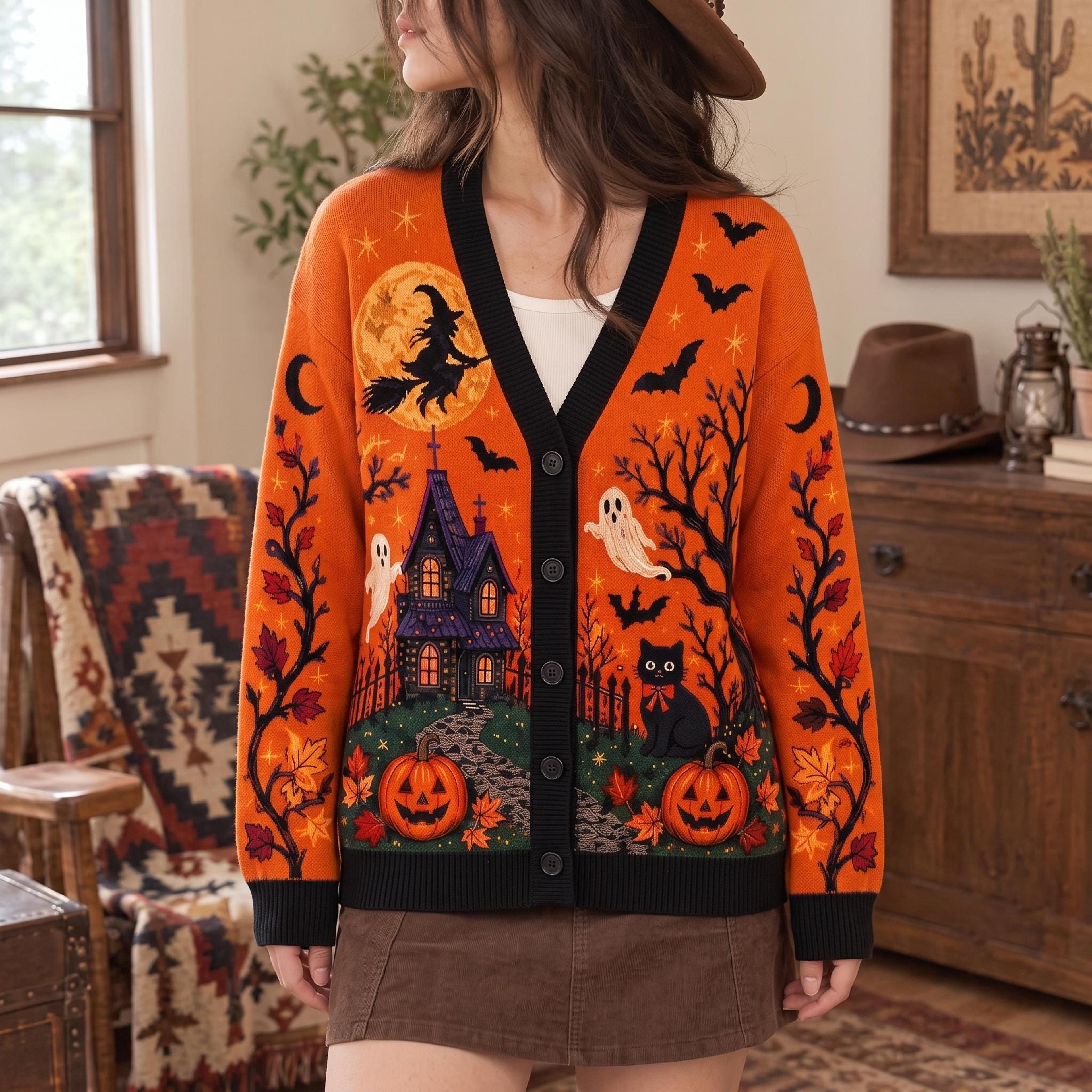 halloween black cat cardigan, unisex adult haunted house sweater, witch ghost pumpkin spooky autumn cardigan