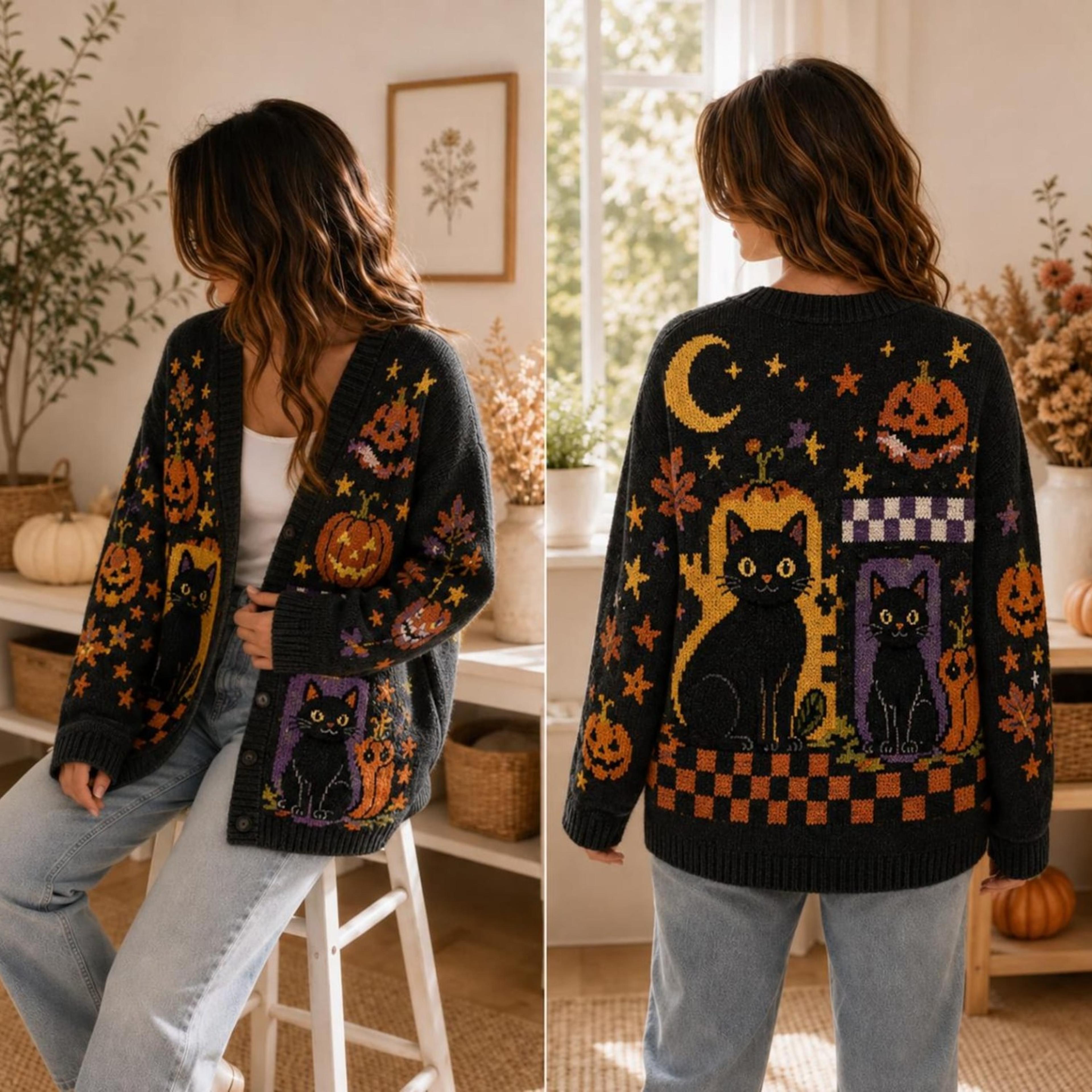 halloween black cat cardigan, unisex adult pumpkin cat sweater, spooky autumn moon cardigan, cute fall cat gift