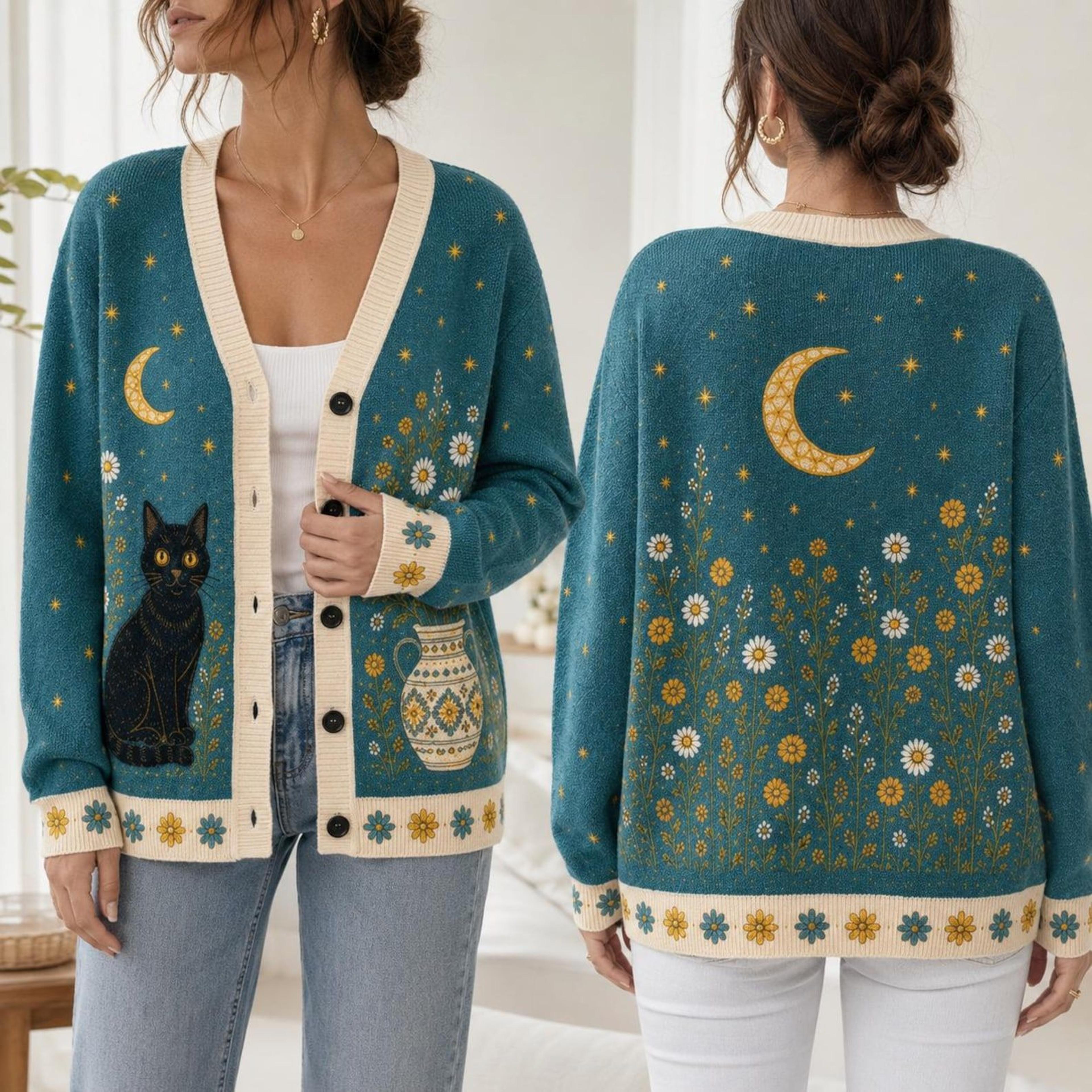 black cat floral cardigan, unisex adult moon daisy sweater, cottagecore cat cardigan, celestial autumn cat lover gift