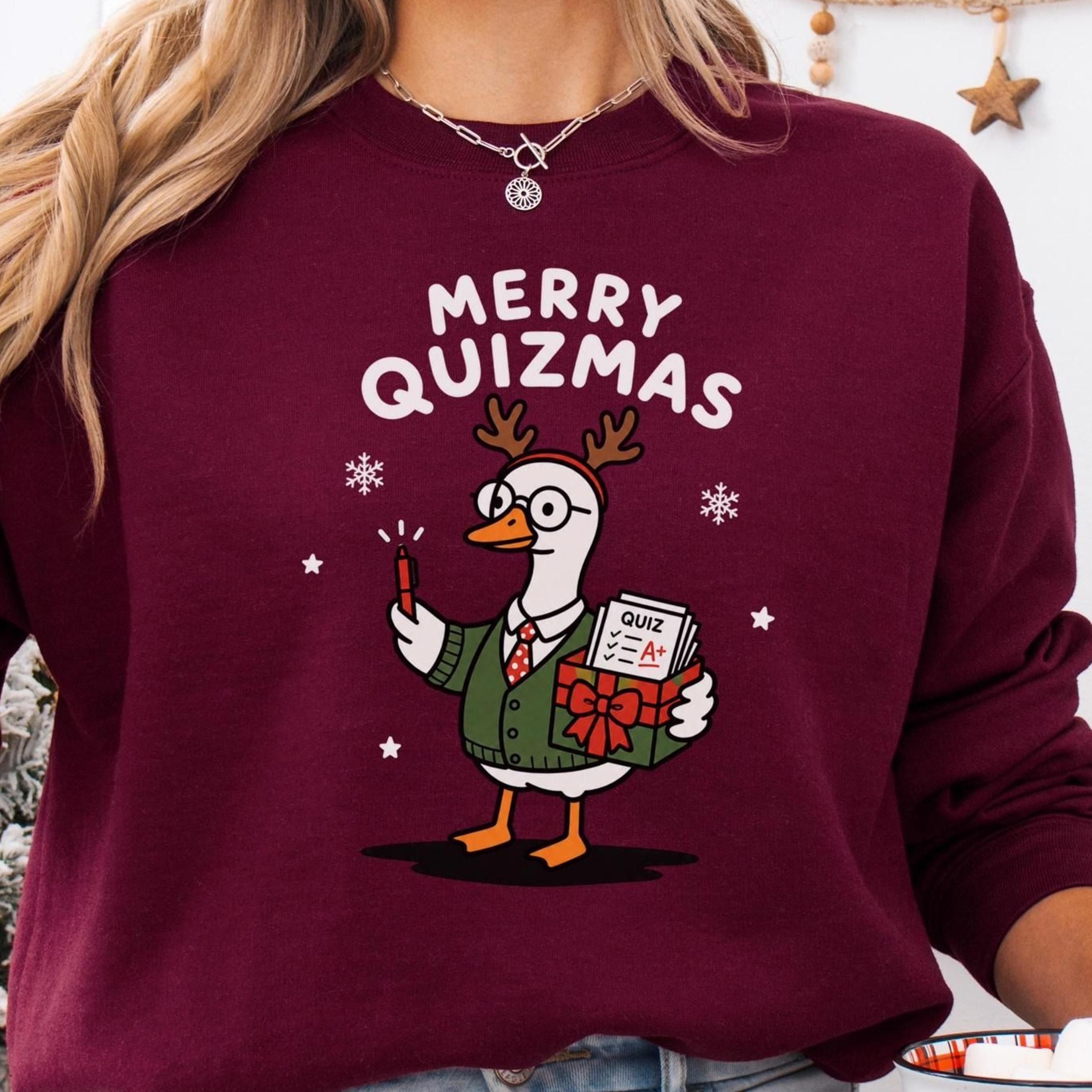 merry quizmas teacher sweatshirt, funny goose teacher xmas sweater, cute teacher reindeer crewneck, holiday teacher gift