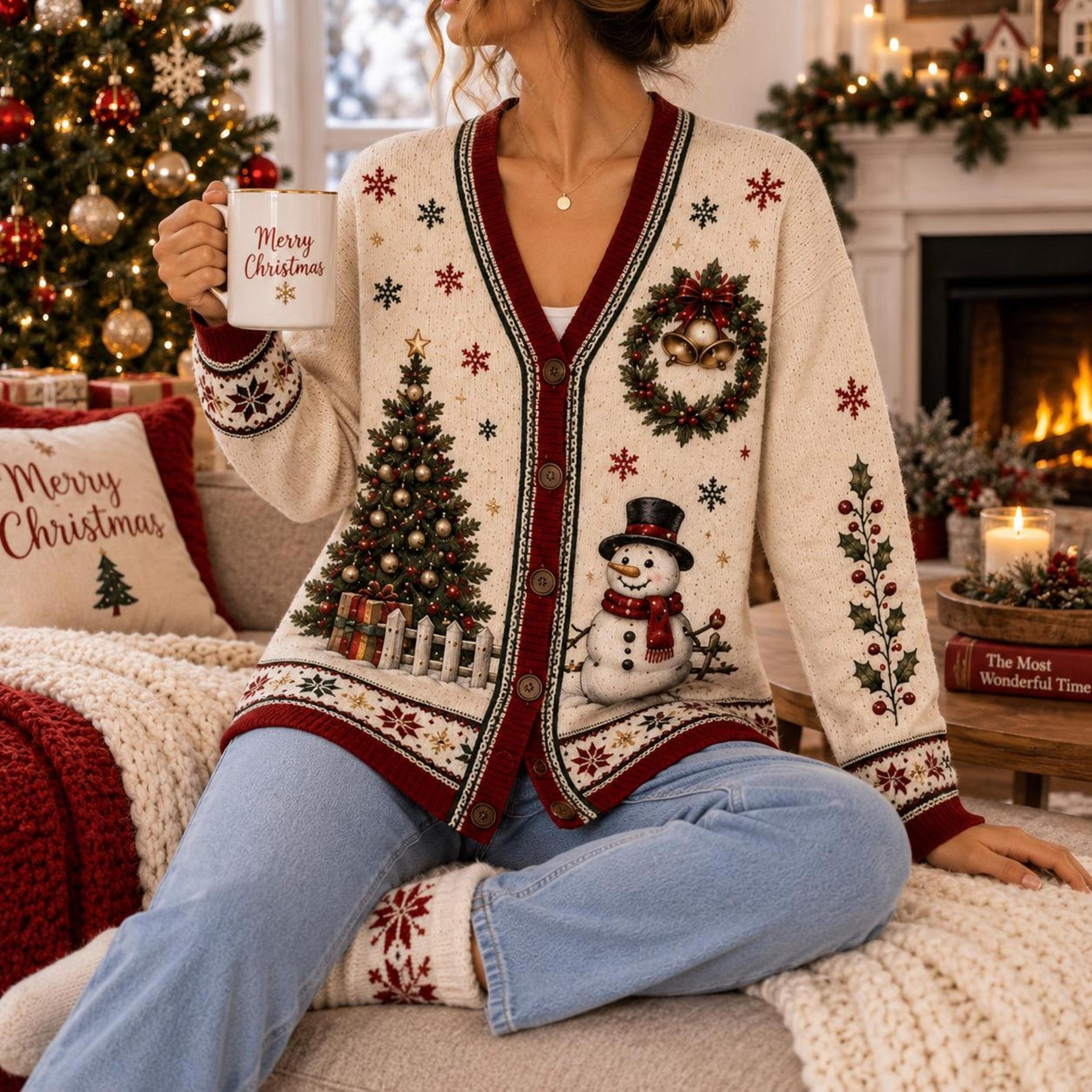 christmas snowman cardigan, unisex adult winter cottage sweater, christmas tree snowflake holiday cardigan gift