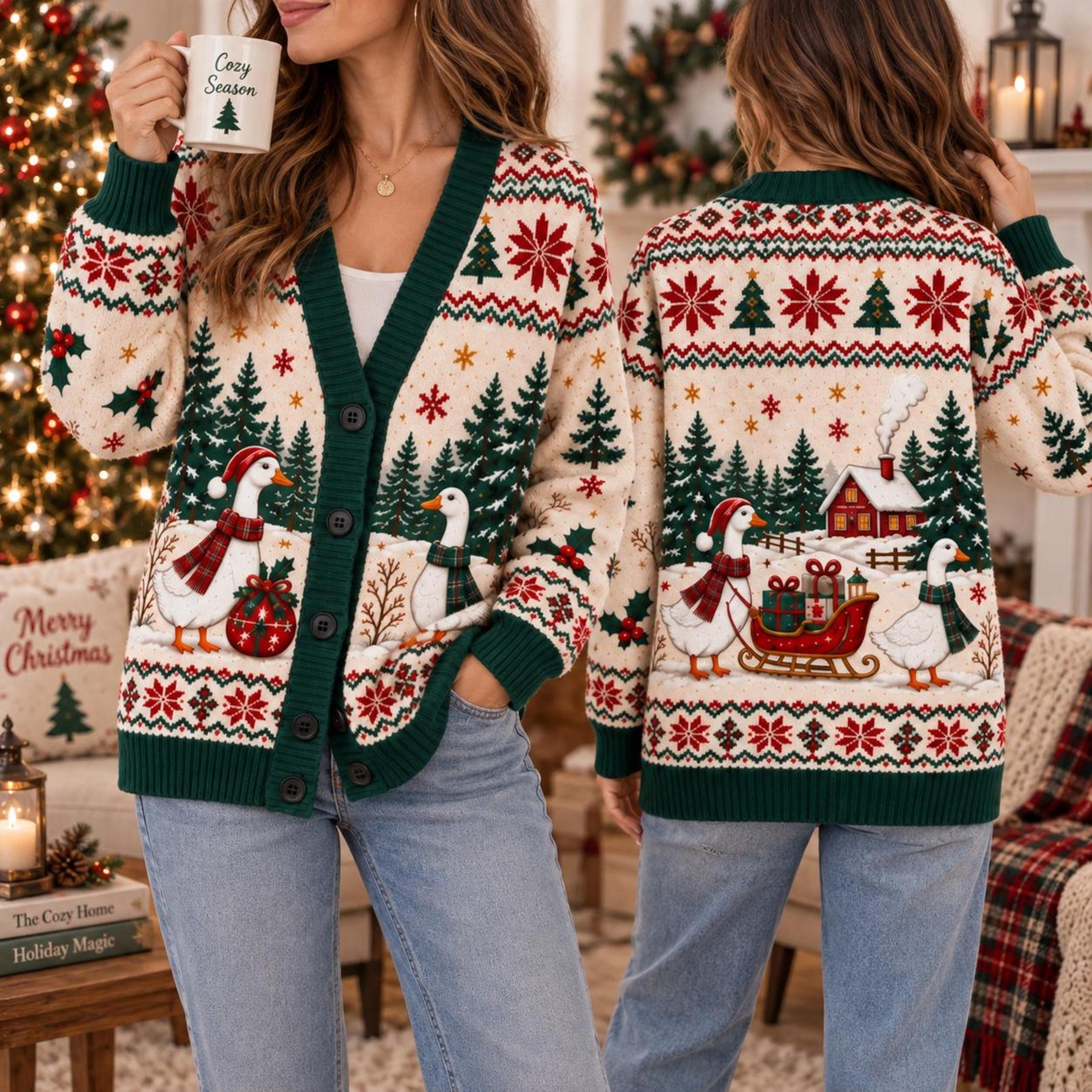 christmas goose cardigan, unisex adult holiday sweater, festive duck winter cottage christmas cardigan gift