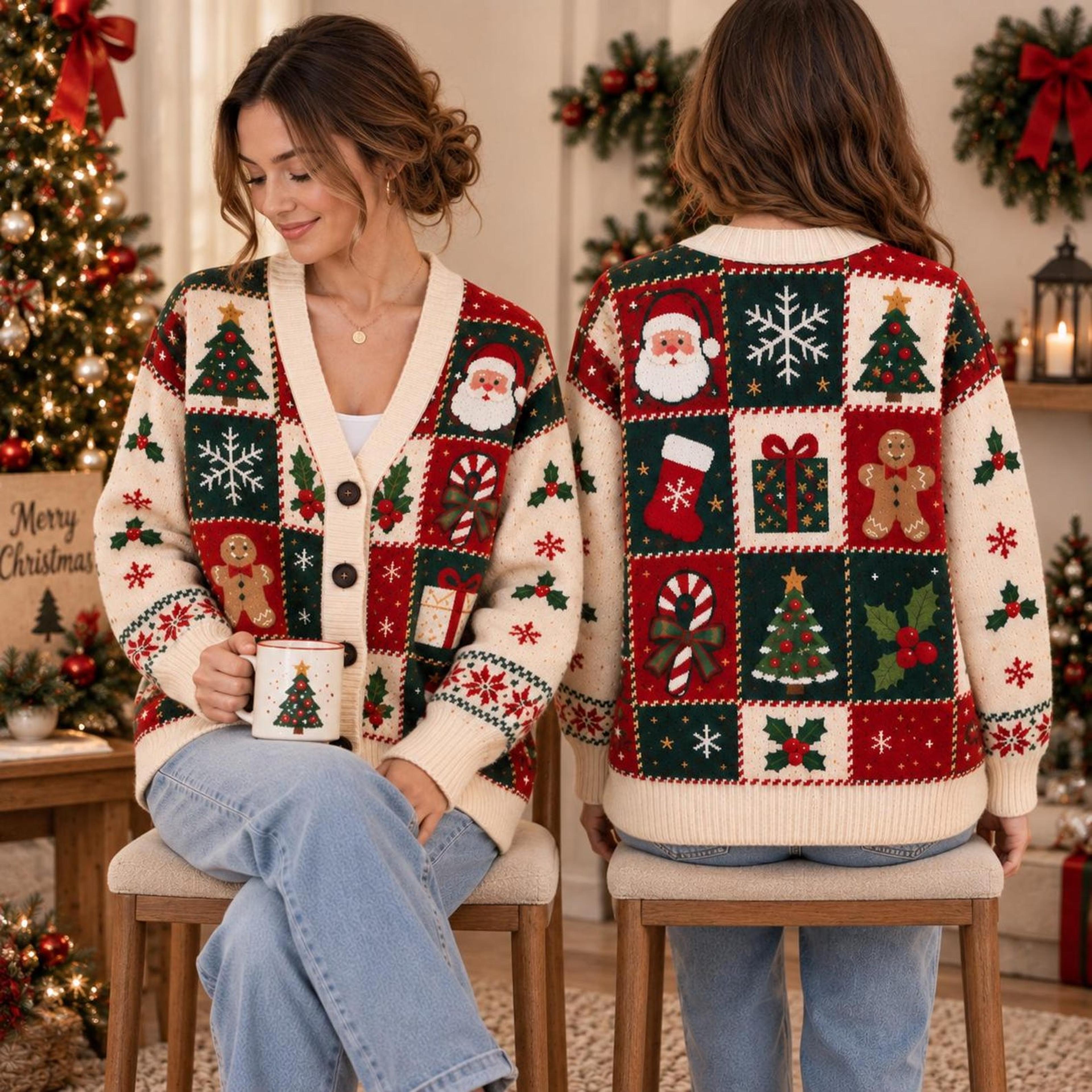 christmas patchwork cardigan, unisex adult santa holiday sweater, gingerbread snowflake christmas cardigan gift