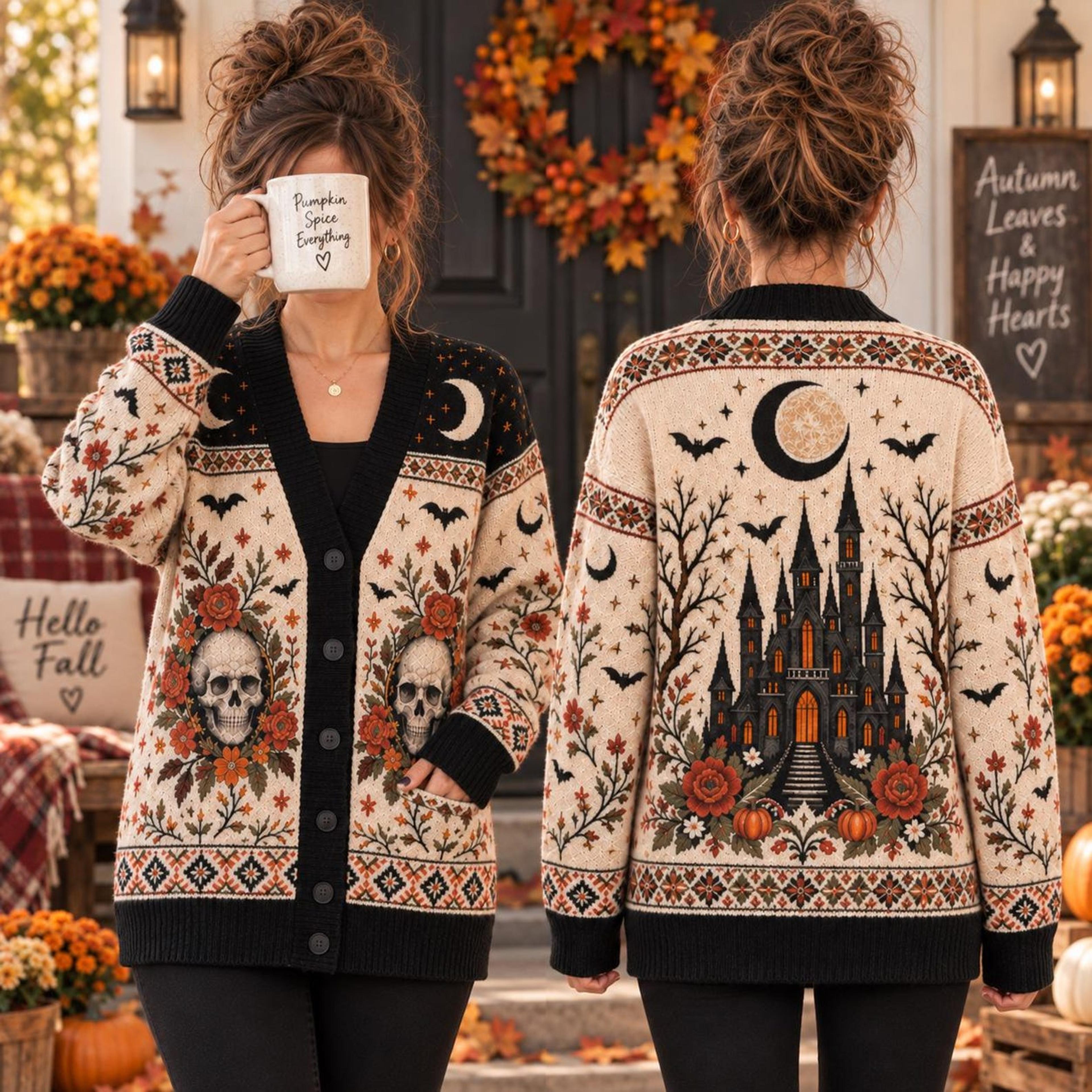 halloween gothic cardigan, unisex adult haunted house skull sweater, spooky bat moon autumn cardigan, gothic fall gift