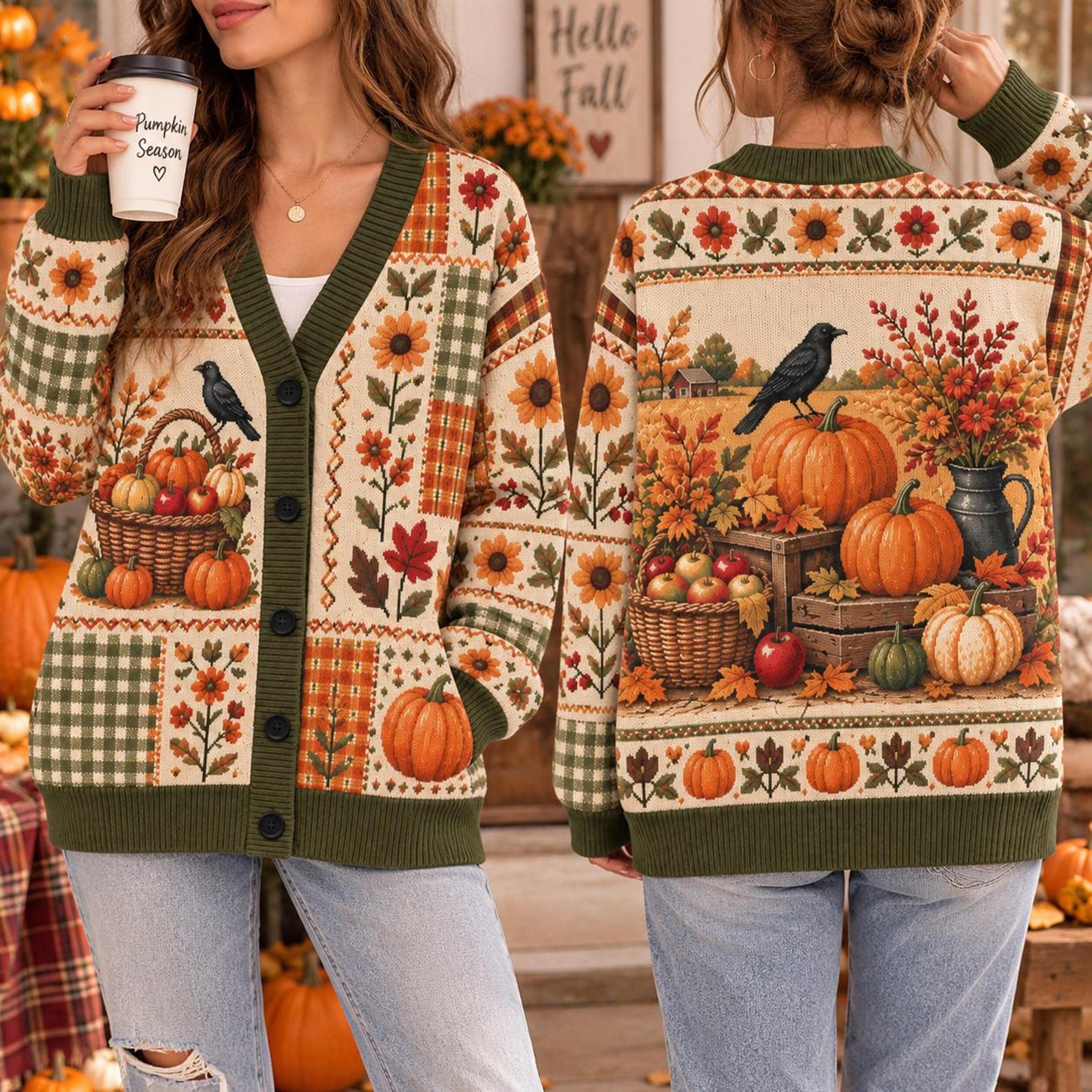 autumn pumpkin cardigan, unisex adult crow & sunflower sweater, fall harvest floral cardigan, thanksgiving season gift