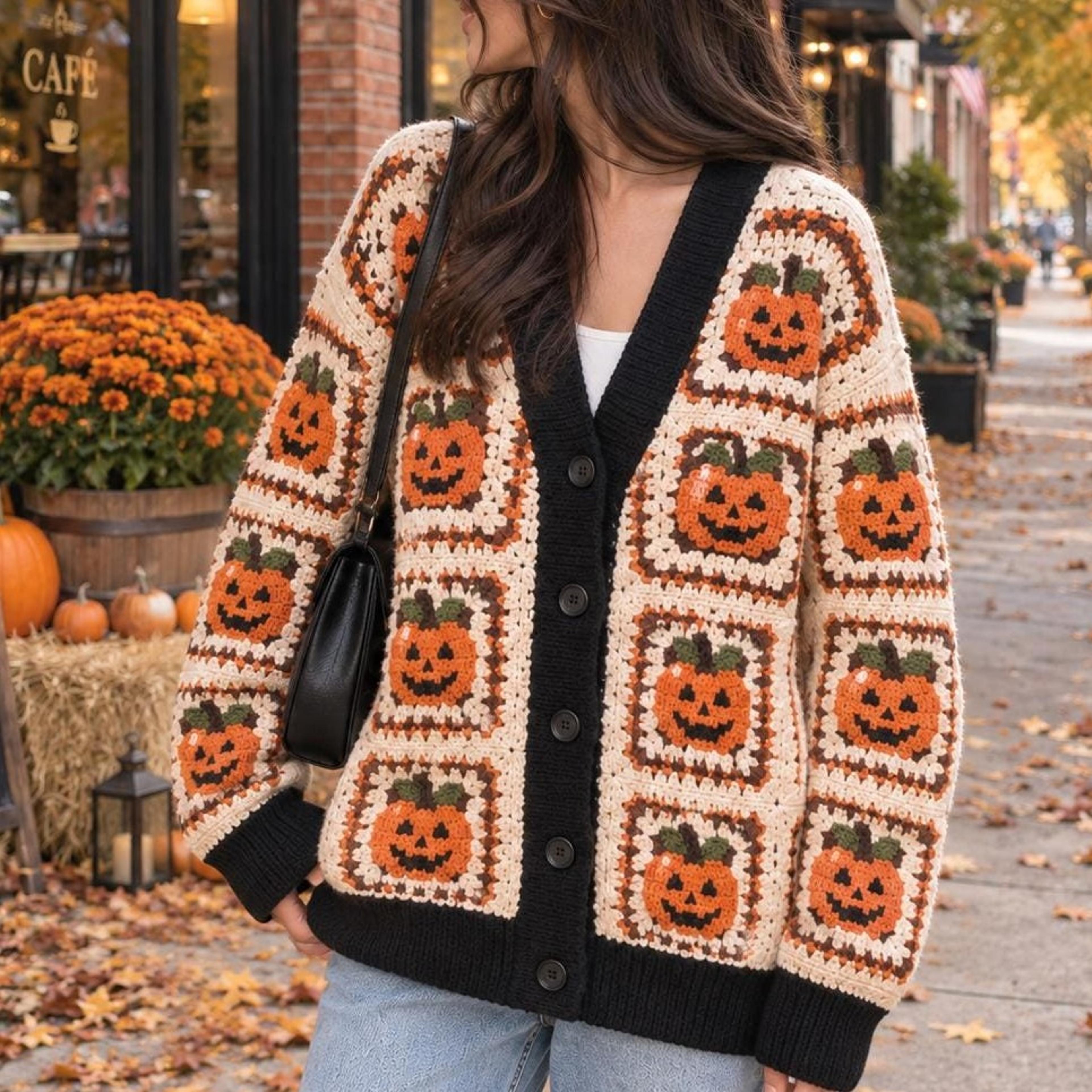 halloween pumpkin cardigan, unisex adult jack o lantern sweater, retro crochet style fall cardigan, spooky season gift