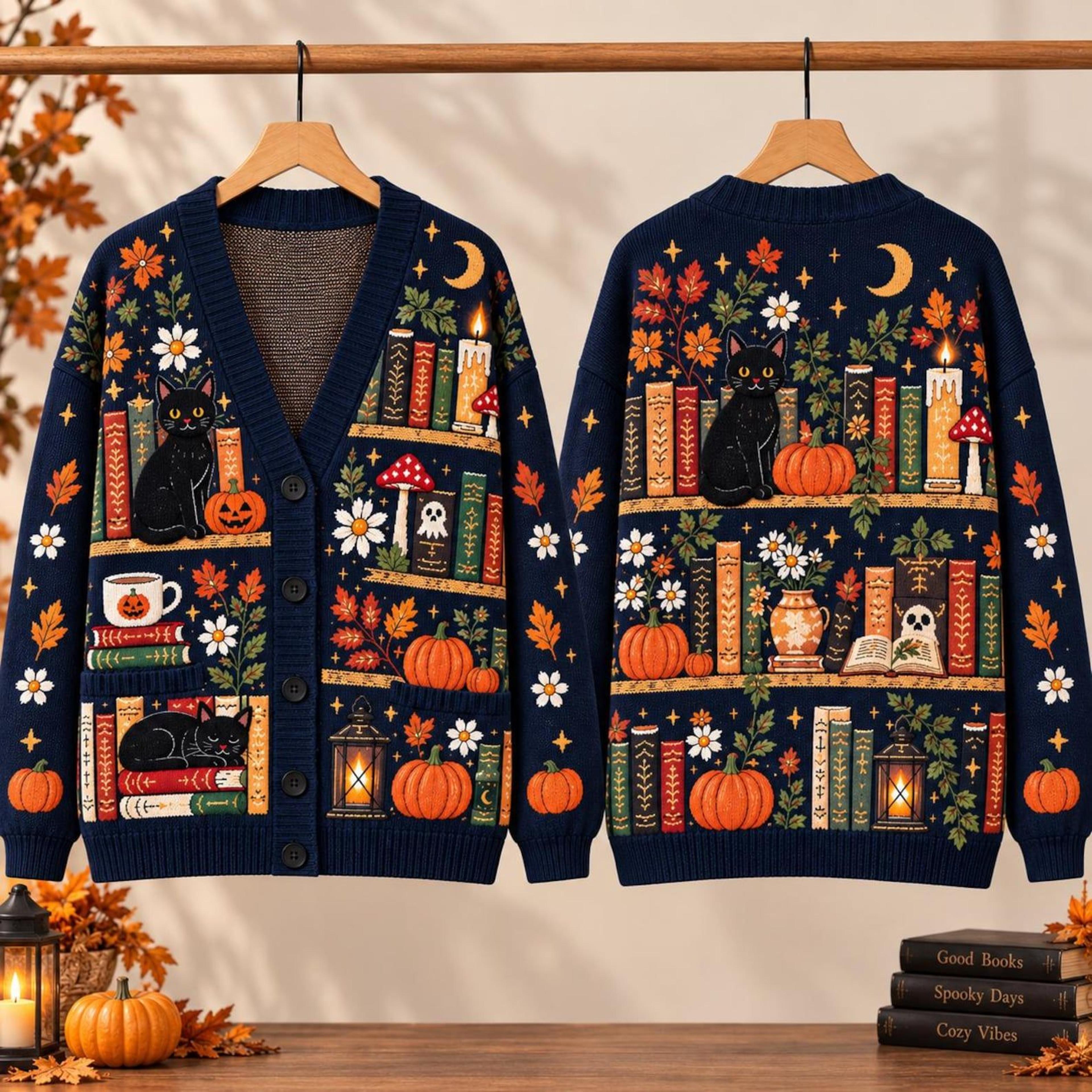 halloween black cat cardigan, unisex adult book lover sweater, pumpkin library cardigan, cozy spooky season fall top
