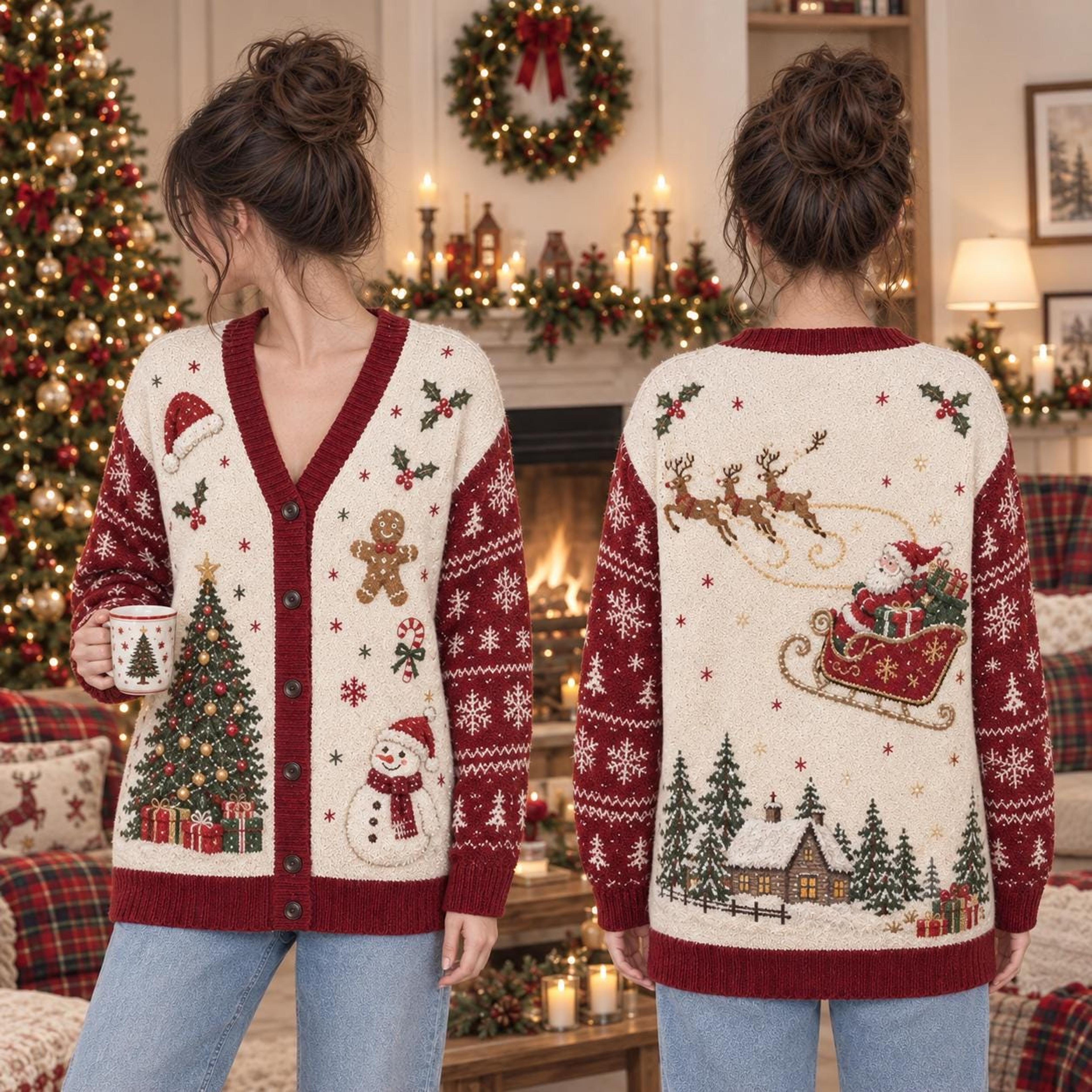 christmas santa cardigan, unisex adult holiday sweater, snowman christmas tree cardigan, cozy winter reindeer gift