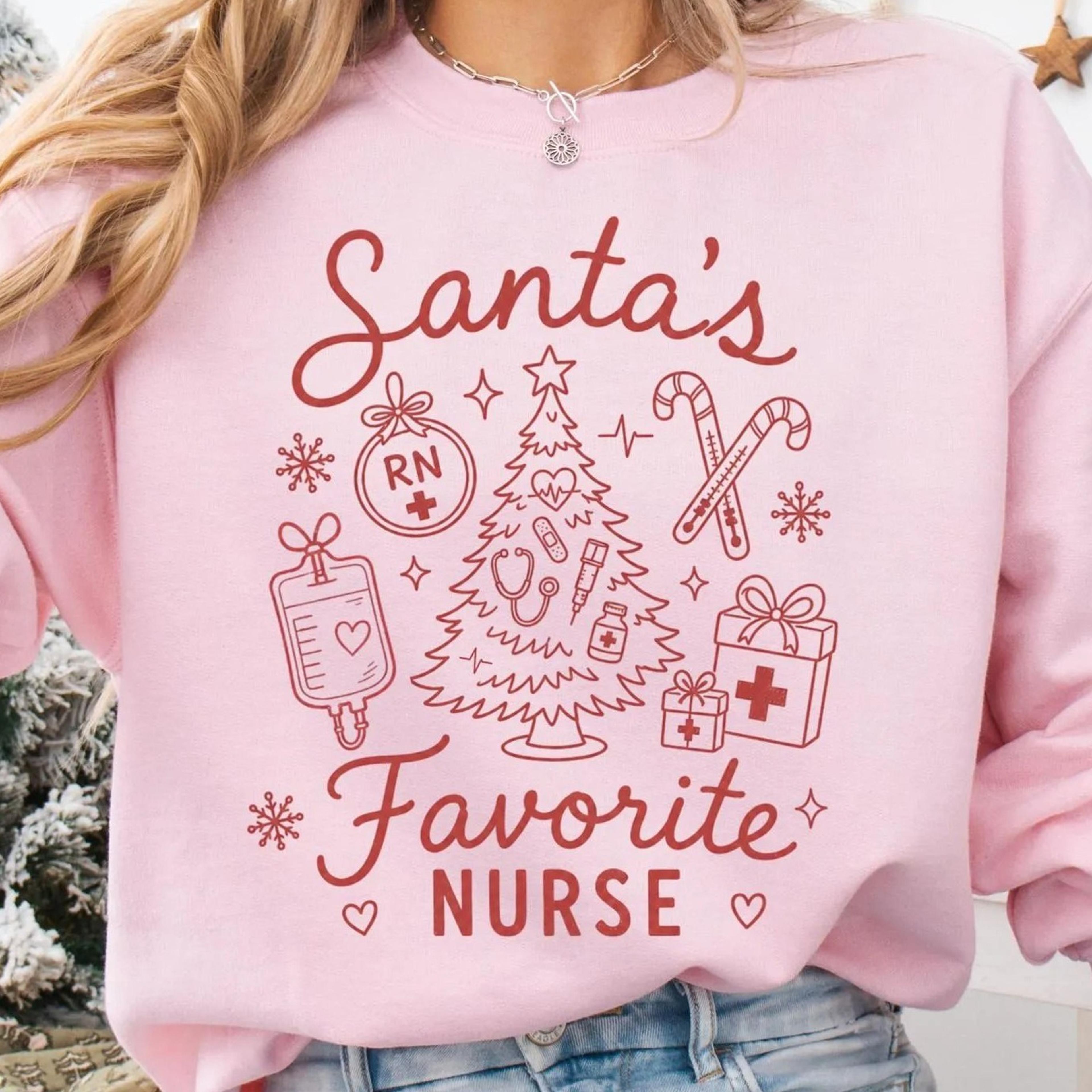 santas favorite nurse sweatshirt, holiday rn sweater, festive xmas icu nurse crewneck, cute nurse xmas doodle shirt