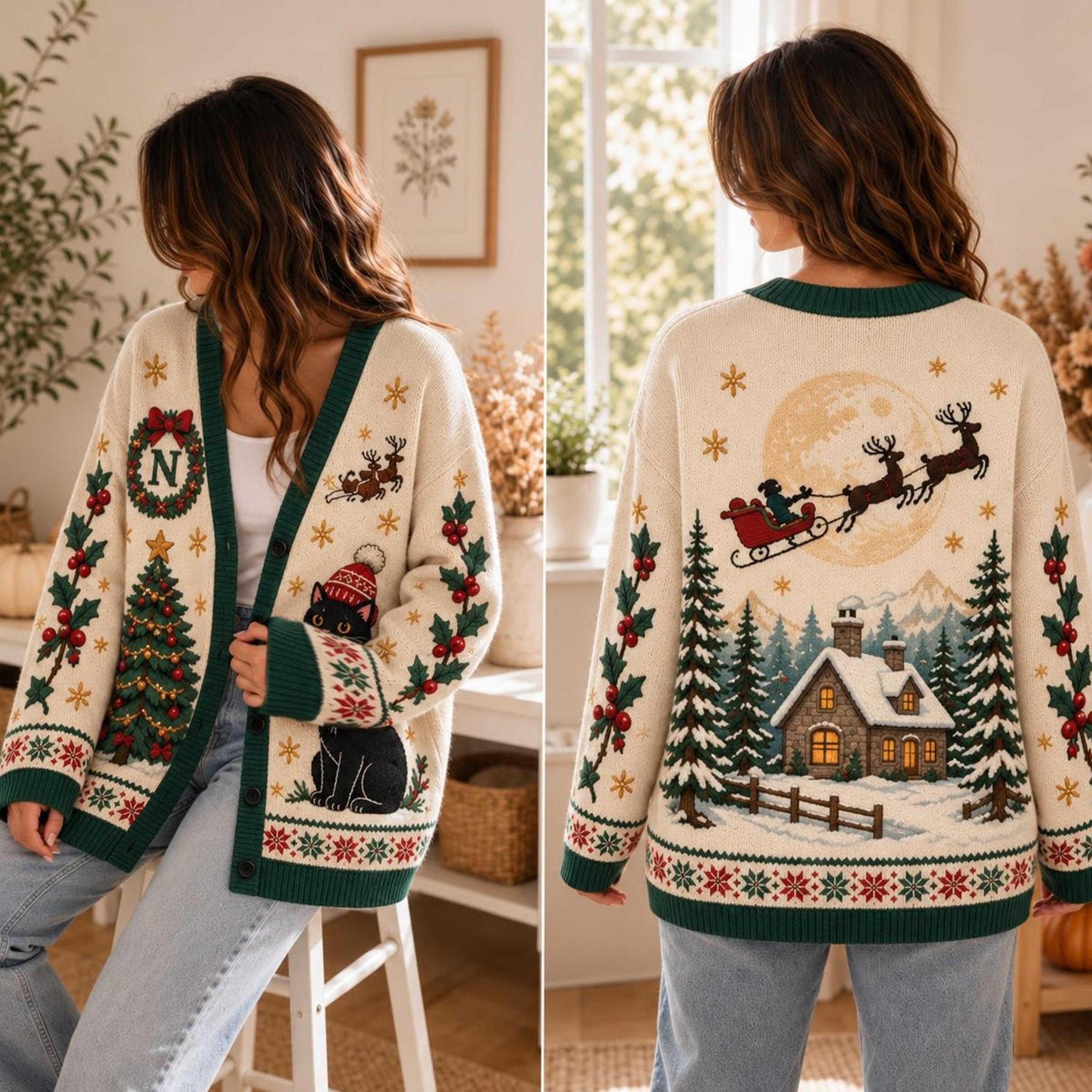 christmas black cat cardigan, unisex adult santa sleigh sweater, christmas tree winter cottage holiday cardigan
