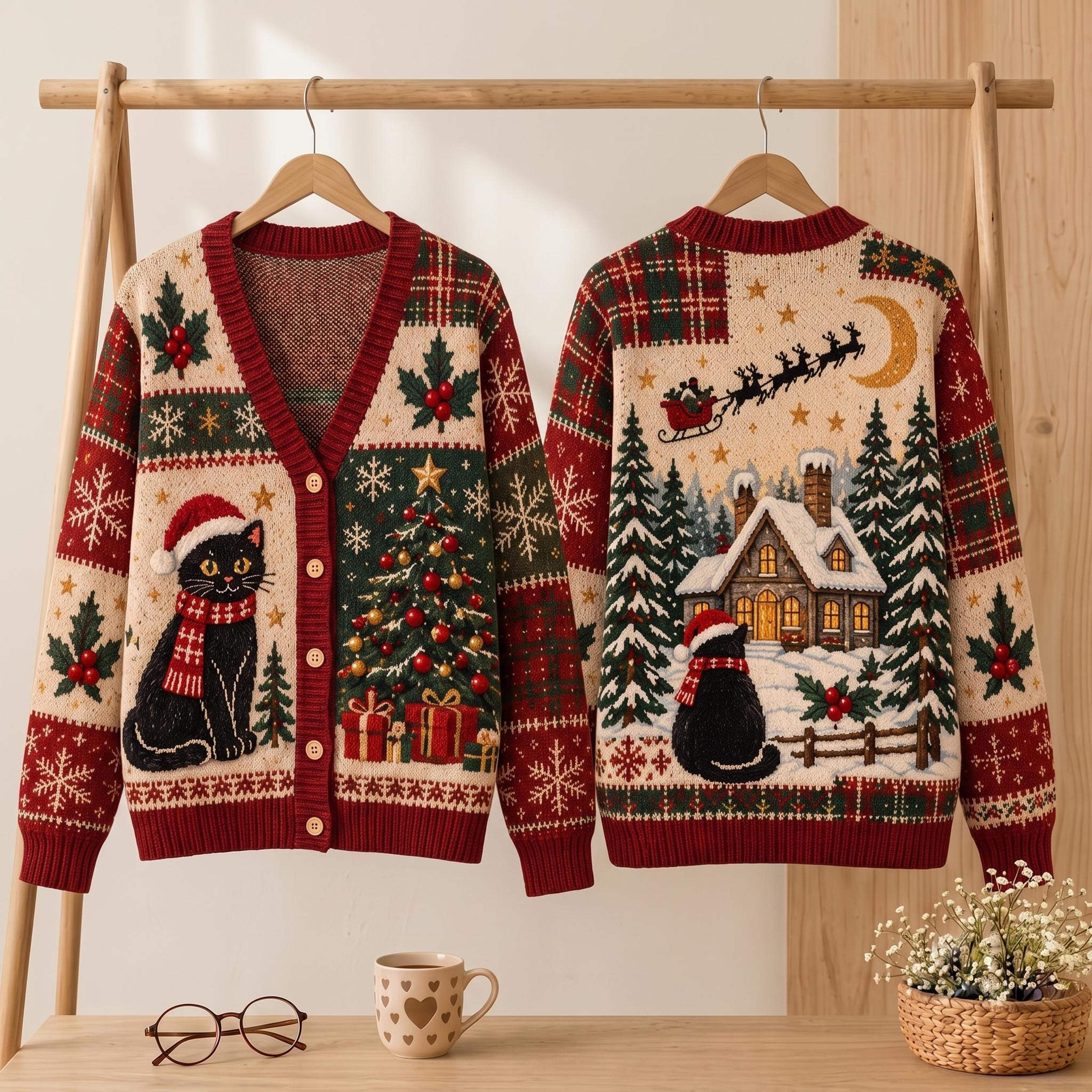 christmas black cat cardigan, unisex adult holiday sweater, santa sleigh winter cottage christmas tree cardigan