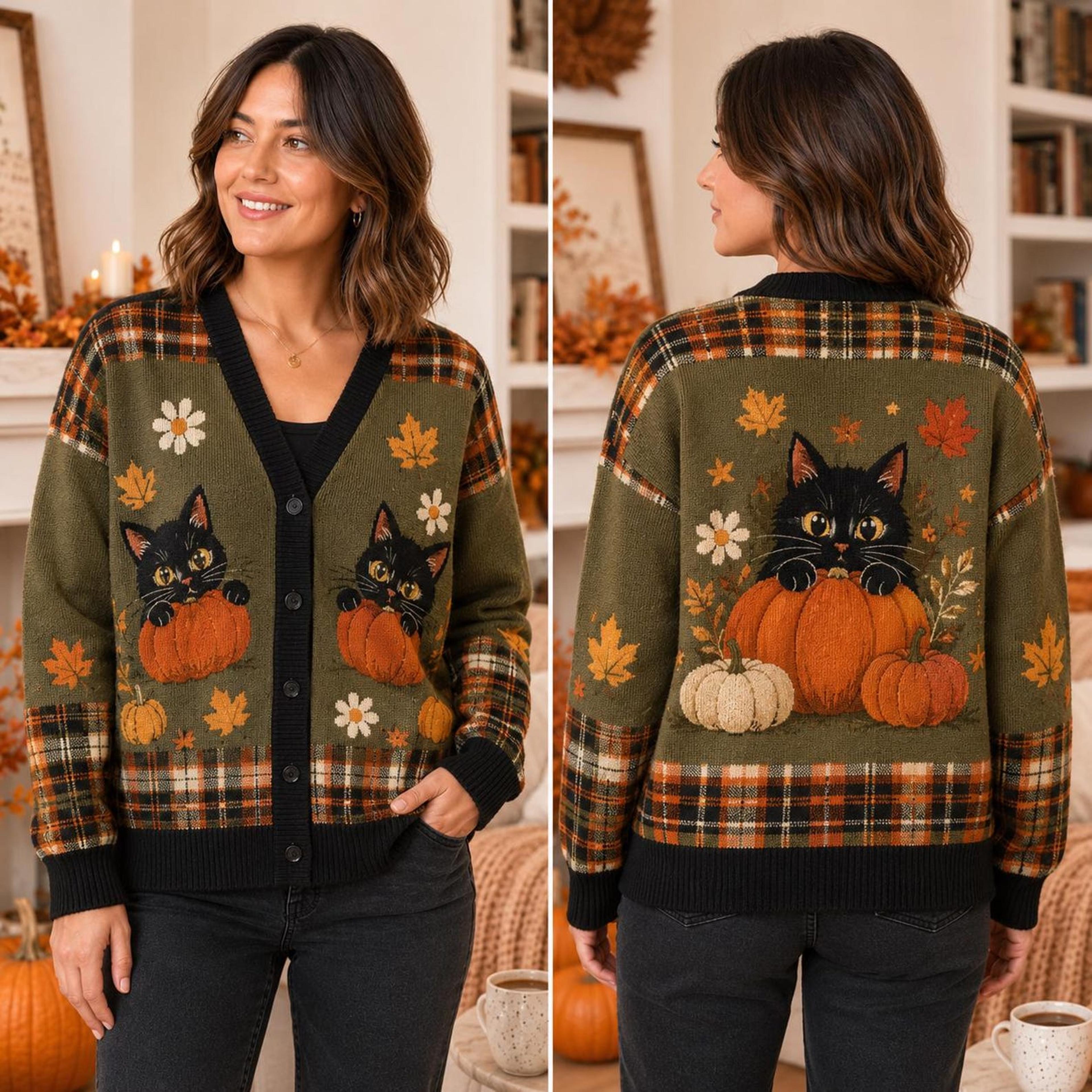 autumn black cat cardigan, unisex adult pumpkin sweater, plaid fall cardigan, cute cat harvest season cozy fall gift