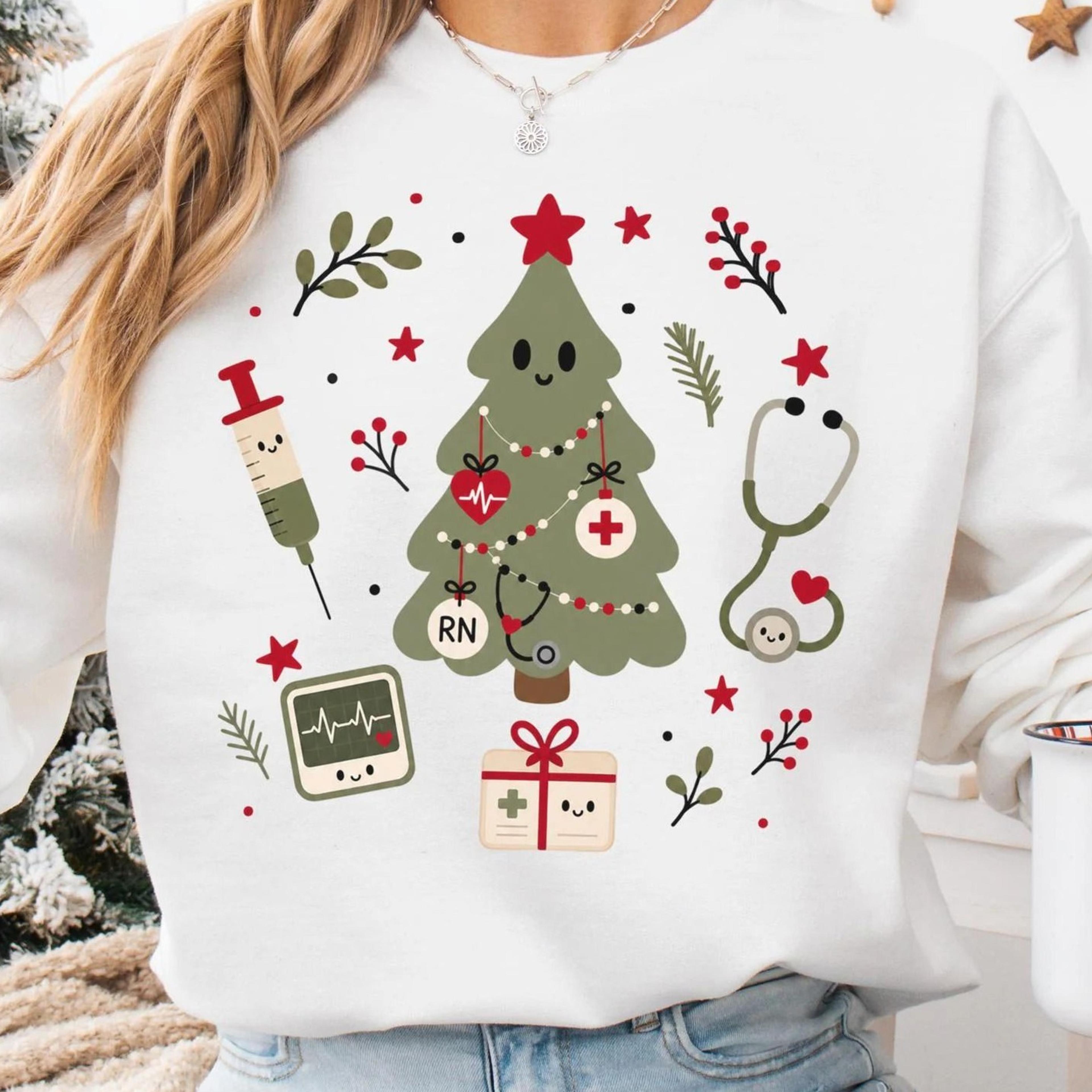 boho christmas tree nurse sweatshirt, holiday rn sweater, festive xmas icu nurse crewneck