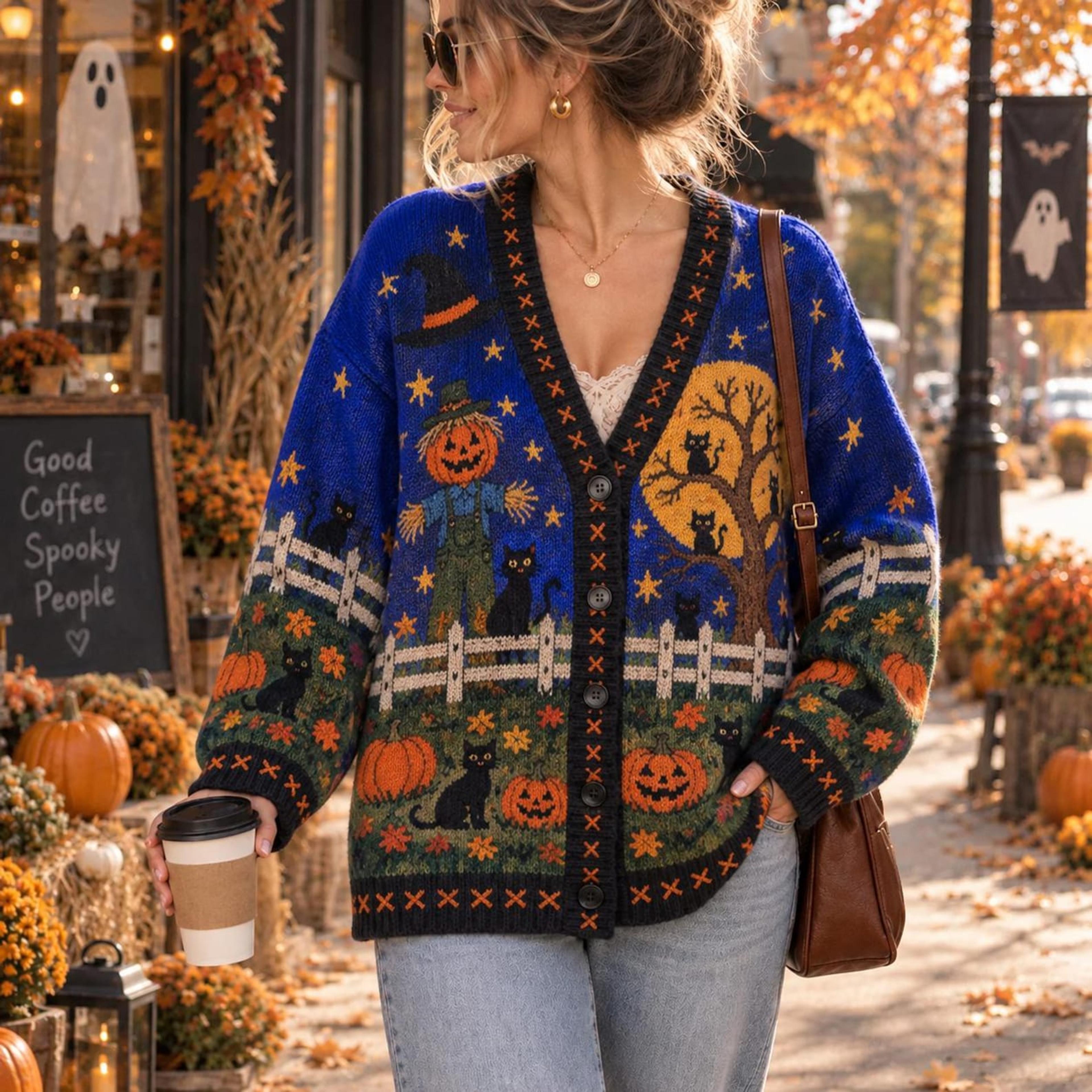 halloween black cat cardigan, unisex adult pumpkin sweater, witch scarecrow spooky autumn night fall cardigan