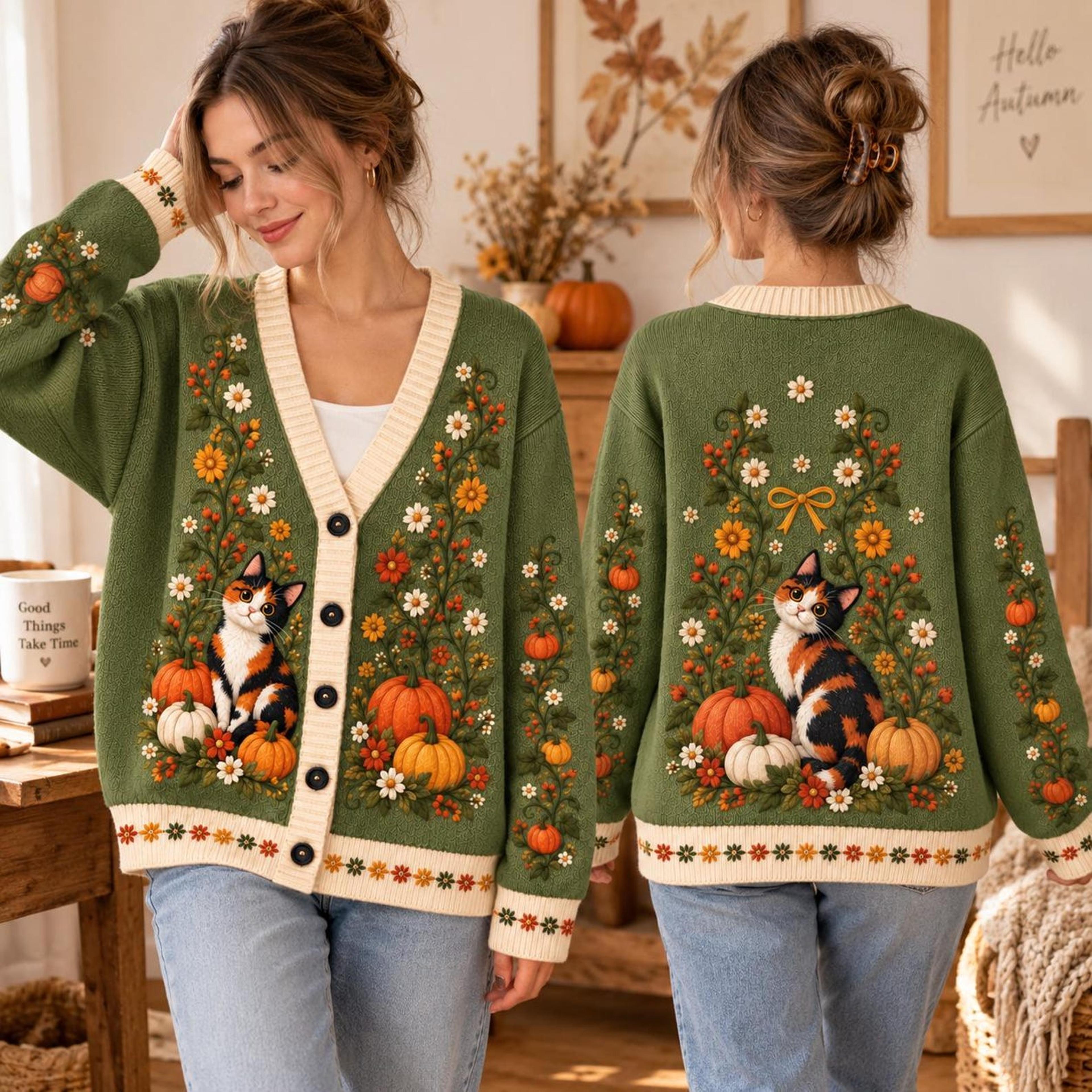 autumn calico cat cardigan, unisex adult pumpkin sweater, green floral harvest cardigan, cozy fall cat lover gift