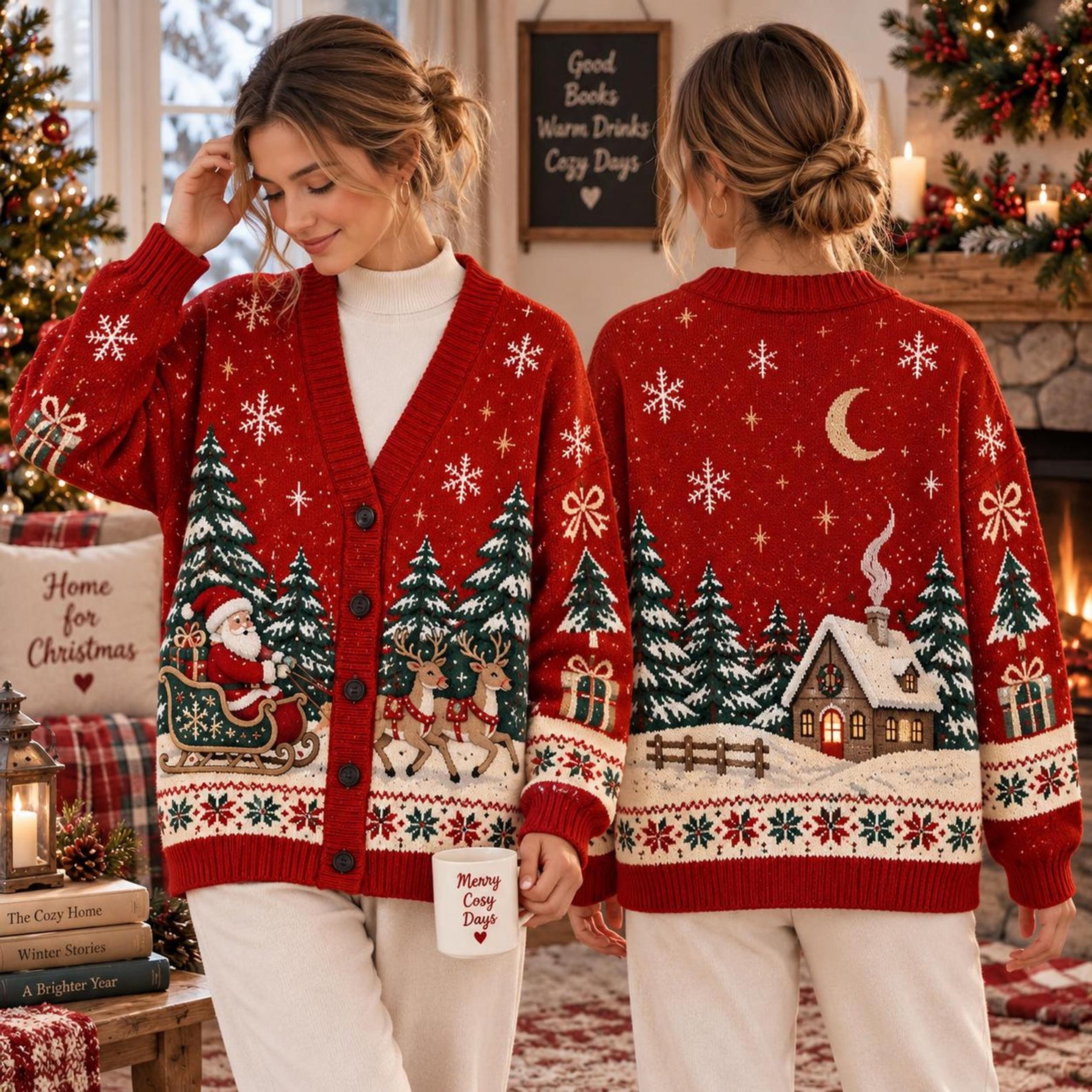 christmas santa sleigh cardigan, unisex adult red holiday sweater, reindeer snowy winter scene cozy xmas cardigan