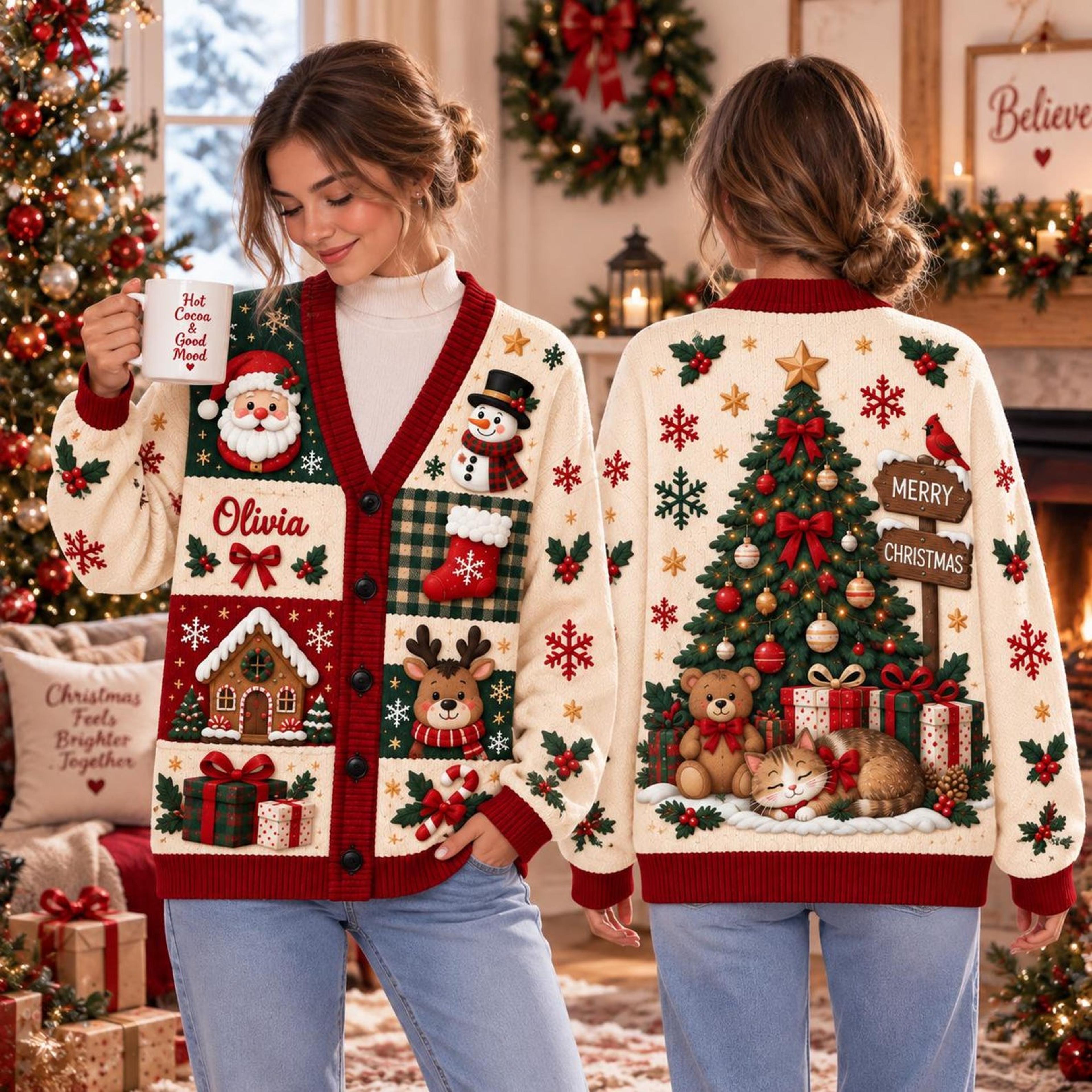 personalized christmas cardigan, custom name unisex adult holiday sweater, santa reindeer christmas tree cardigan